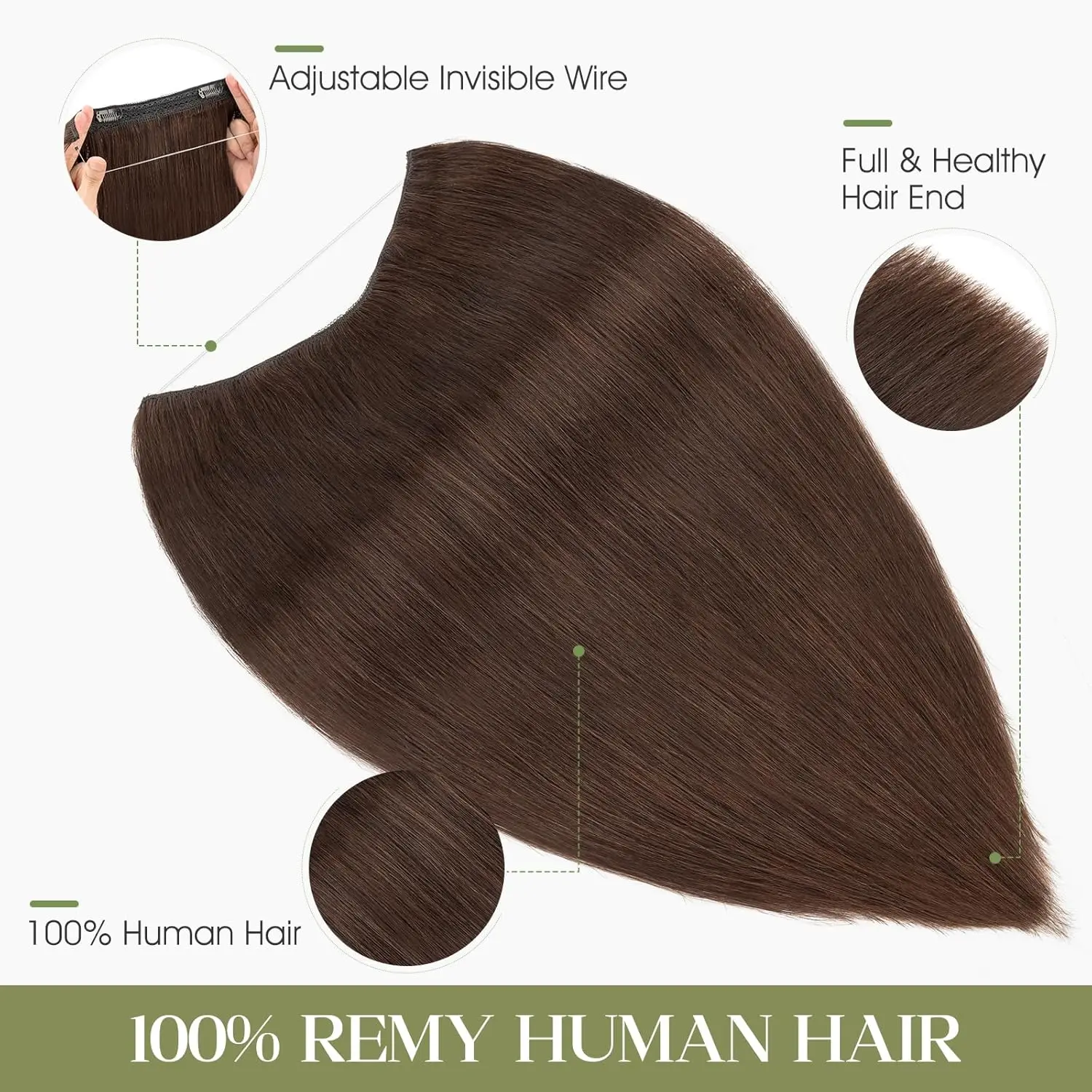 Echthaar-Halo-Haarverlängerungen mit unsichtbarem Draht, verstellbarem Band und versteckten Clip-in-Verlängerungen für Frauen, 2 Oz, Mittelbraun – Detail 2