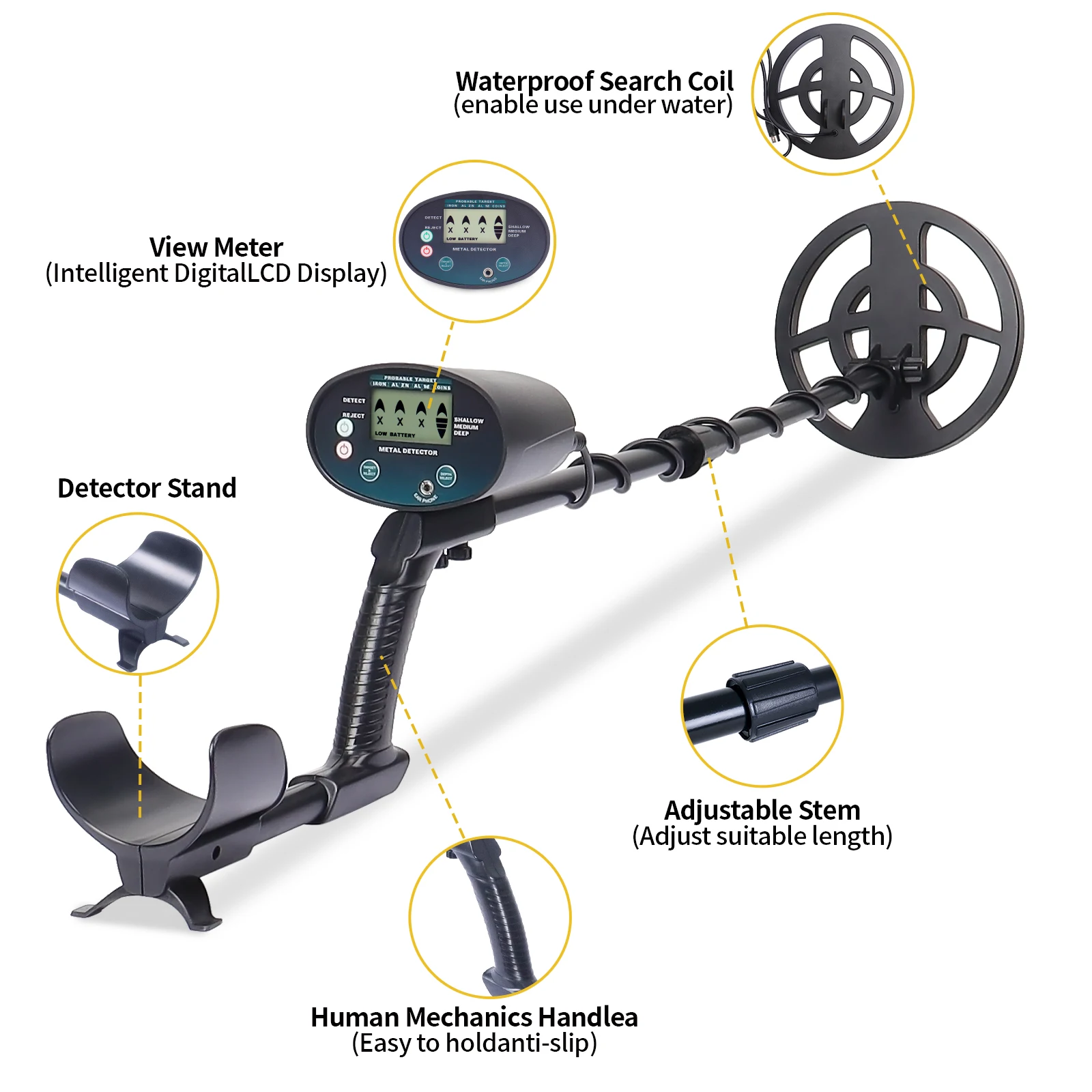 High Sensitivity Metal Detector with Multiple Operation Modes, Adjustable Stem and Sensitivity for Coin and Jewelry Hunting