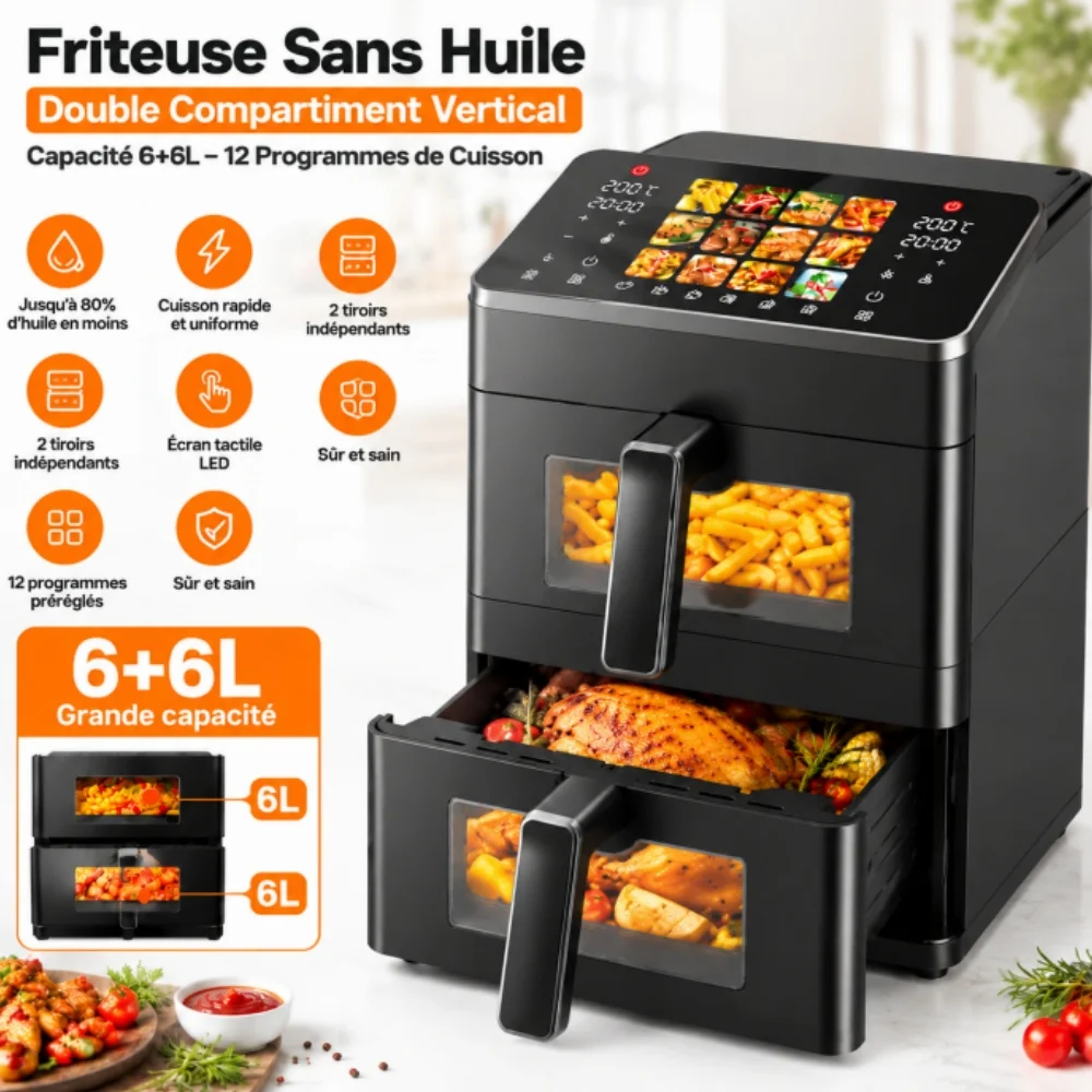Freidora de aire con doble compartimento: freidora sin aceite con 2 compartimentos verticales, capacidad de 5,7 + 5,7 litros, 12 programas