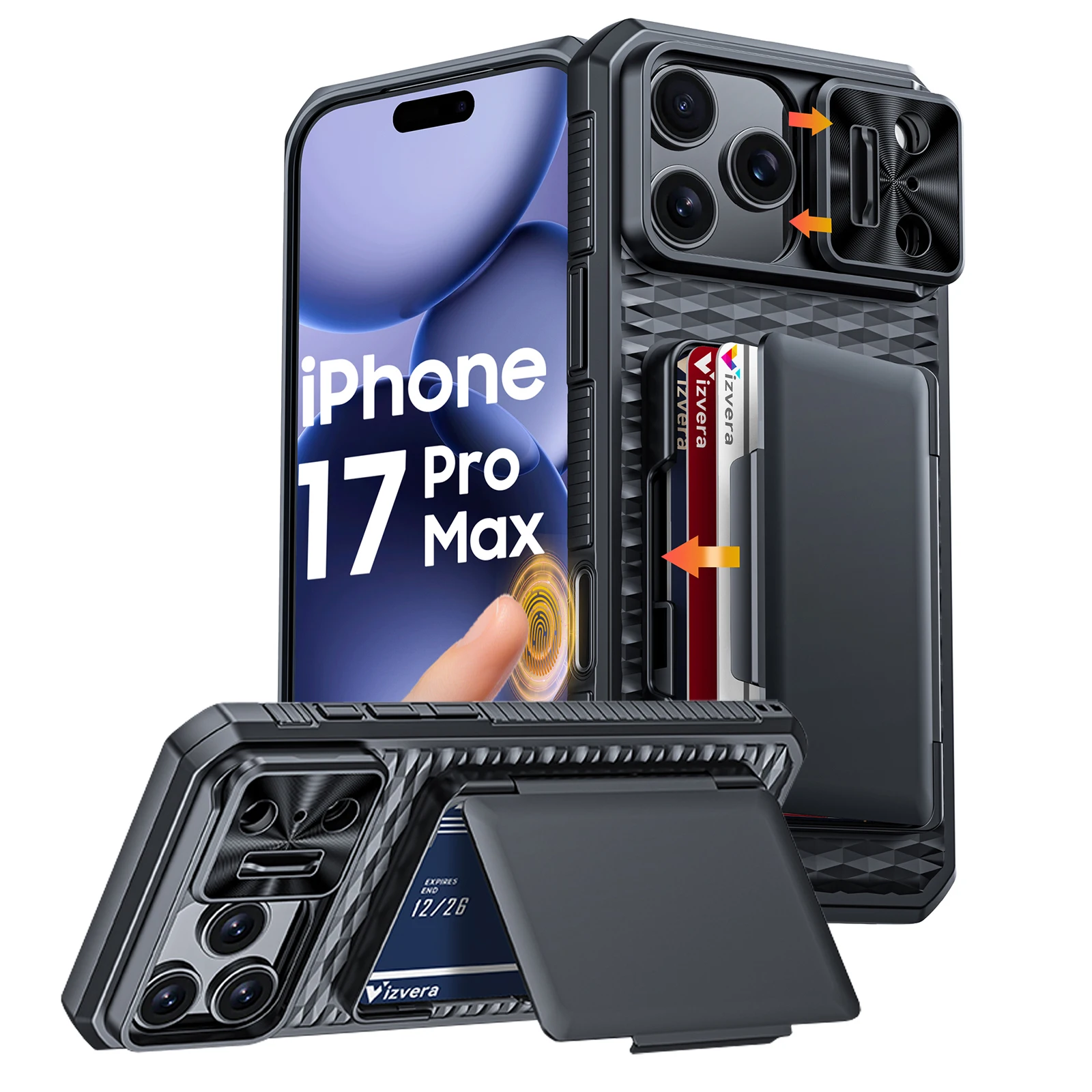 Telefoonhoesje met kaarthouder, schuifbare camera-afdekking en standaard voor iPhone 17 Pro/17 Pro Max, geschikt voor mannen en vrouwen - Goud
