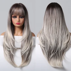 Black Gray Ombre Synthetic Wigs Long Straight Layered Wig with Bangs Machine Made Wig for Women Daily Wigs Heat Resistant Hair