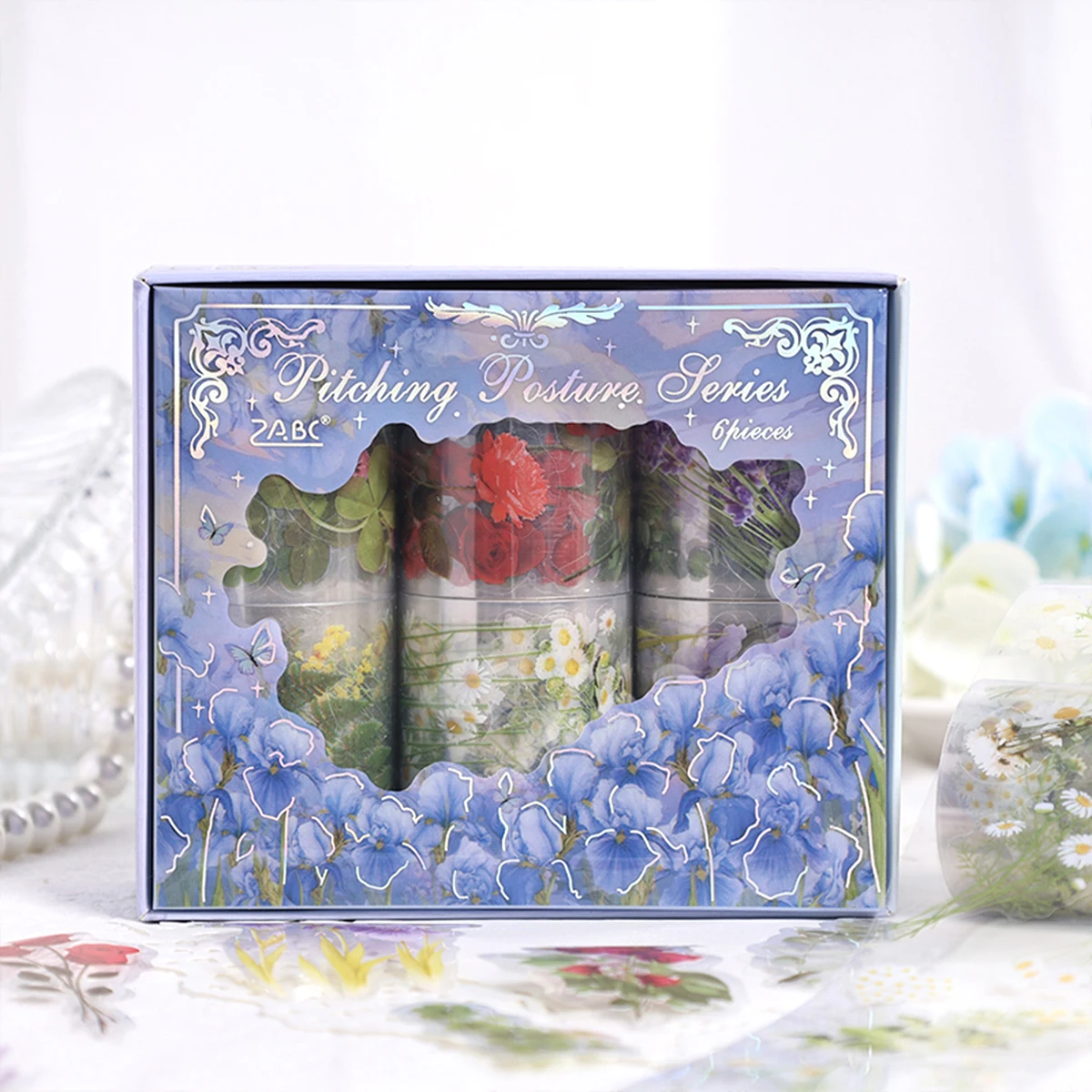 เทปโน้ตบุ๊ก PET 6 ม้วน/กล่อง ลายดอกไม้สร้างสรรค์ สำหรับตกแต่งสมุดโน้ตและทำสมุดภาพ ของขวัญสำหรับเพื่อน