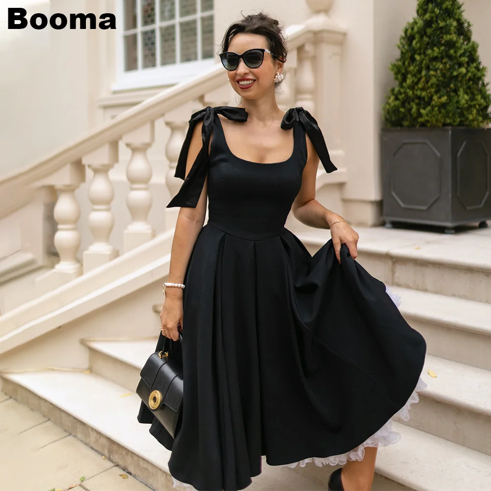 

Booma A-line Black Prom Dresses Square Collar Bow Straps Homecoming Party Gowns for Women Tea-length Evening Dresses Outfits