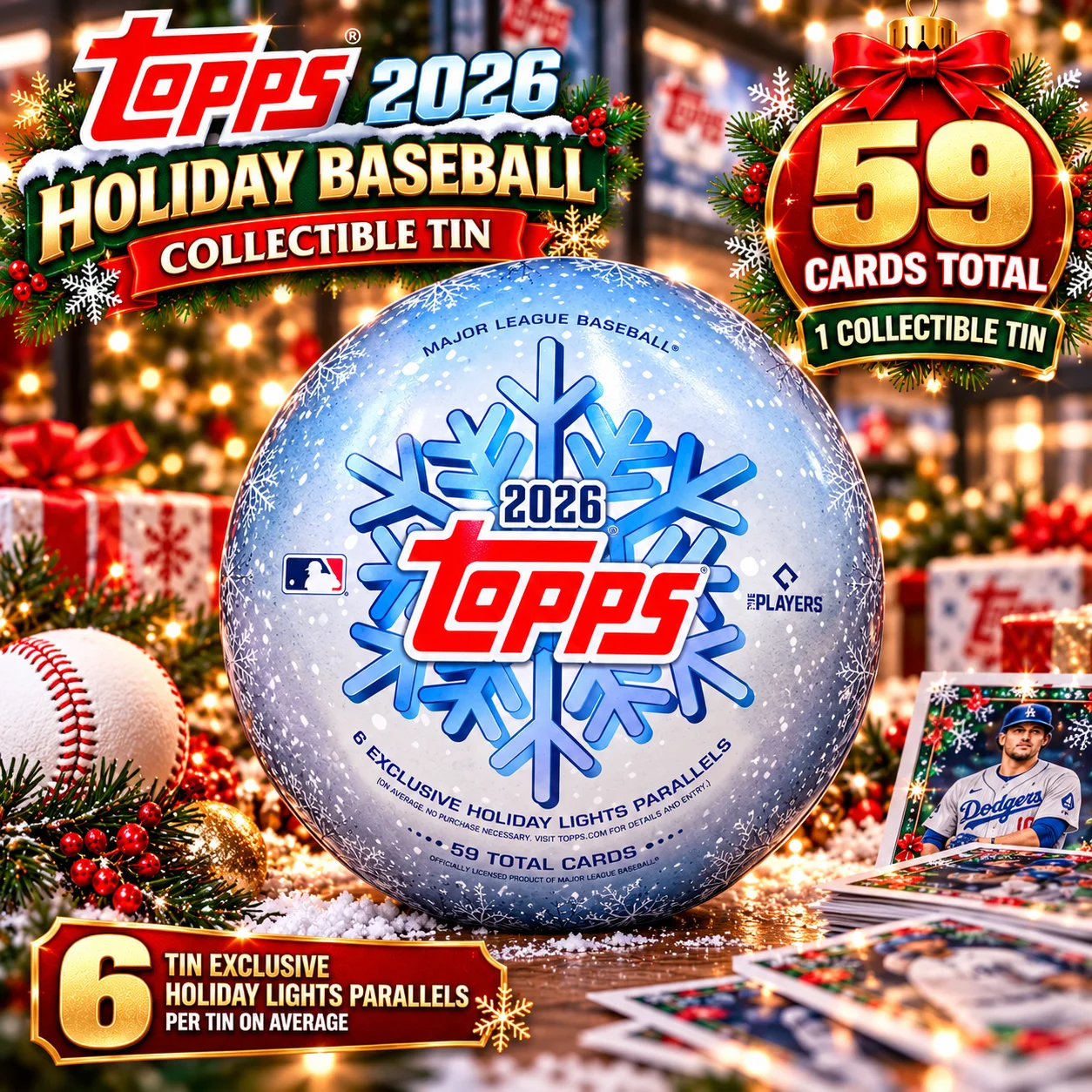 59 Cards 2026 Topps Holiday Baseball Tin – MLB Trading Card Collection, 1 Collectible Holiday Tin, Look for 6 Tin Exclusive Holiday Lights Parallels Per Tin on Average, Premium Baseball Card Collector Tin for Trading, Collecting & Holiday Gifts