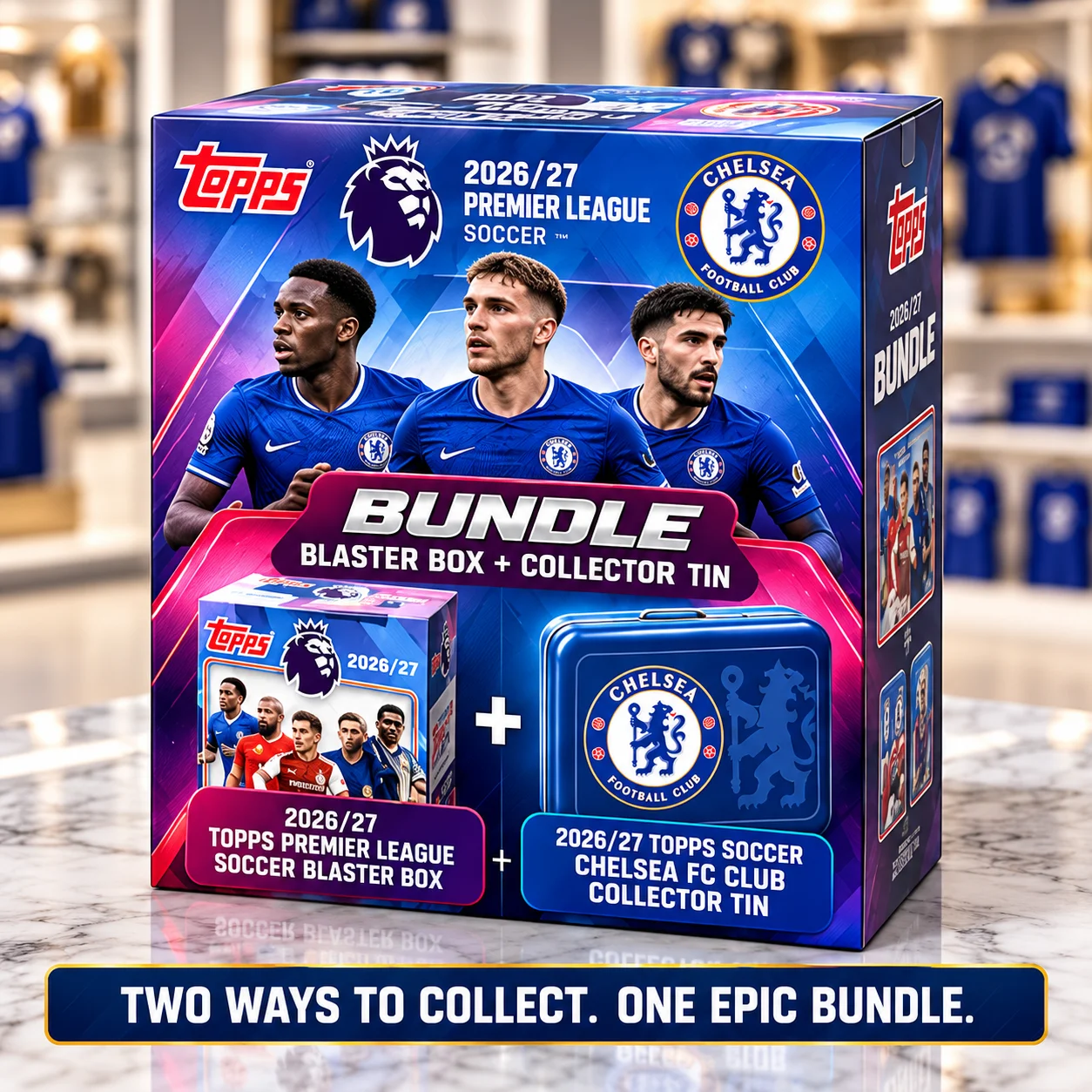 2026-27 Topps Premier League Flagship Soccer Blaster Box With Chelsea FC Club Collector Tin, 95 Total Cards With 2 Numbered Parallels, Look for 6 Blaster Exclusive Parallels And Inserts on Average