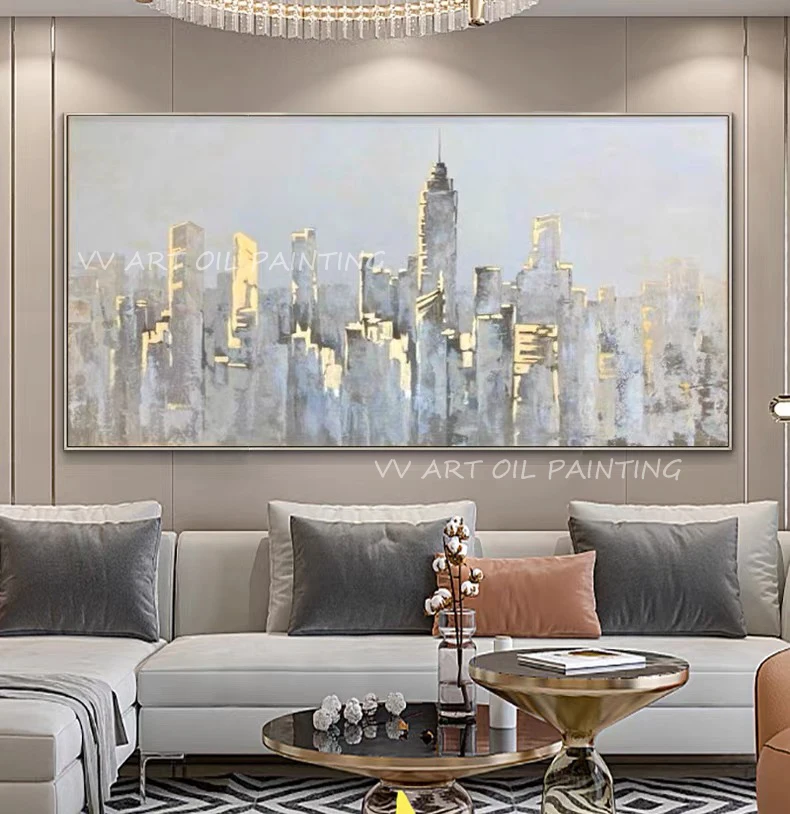 Gold foil building 100% Hand Painted Abstract Canvas Art Oil Painting simple Home Decoration Wall Art Pictures Posters Wall Gift