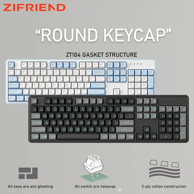 ZIFRIEND-ZT104 Teclado Mecânico, Estrutura de Junta, 104 Chaves, Teclado com Fio, Tipo-C, Suporte USB, Jogos LED, Hot Swap