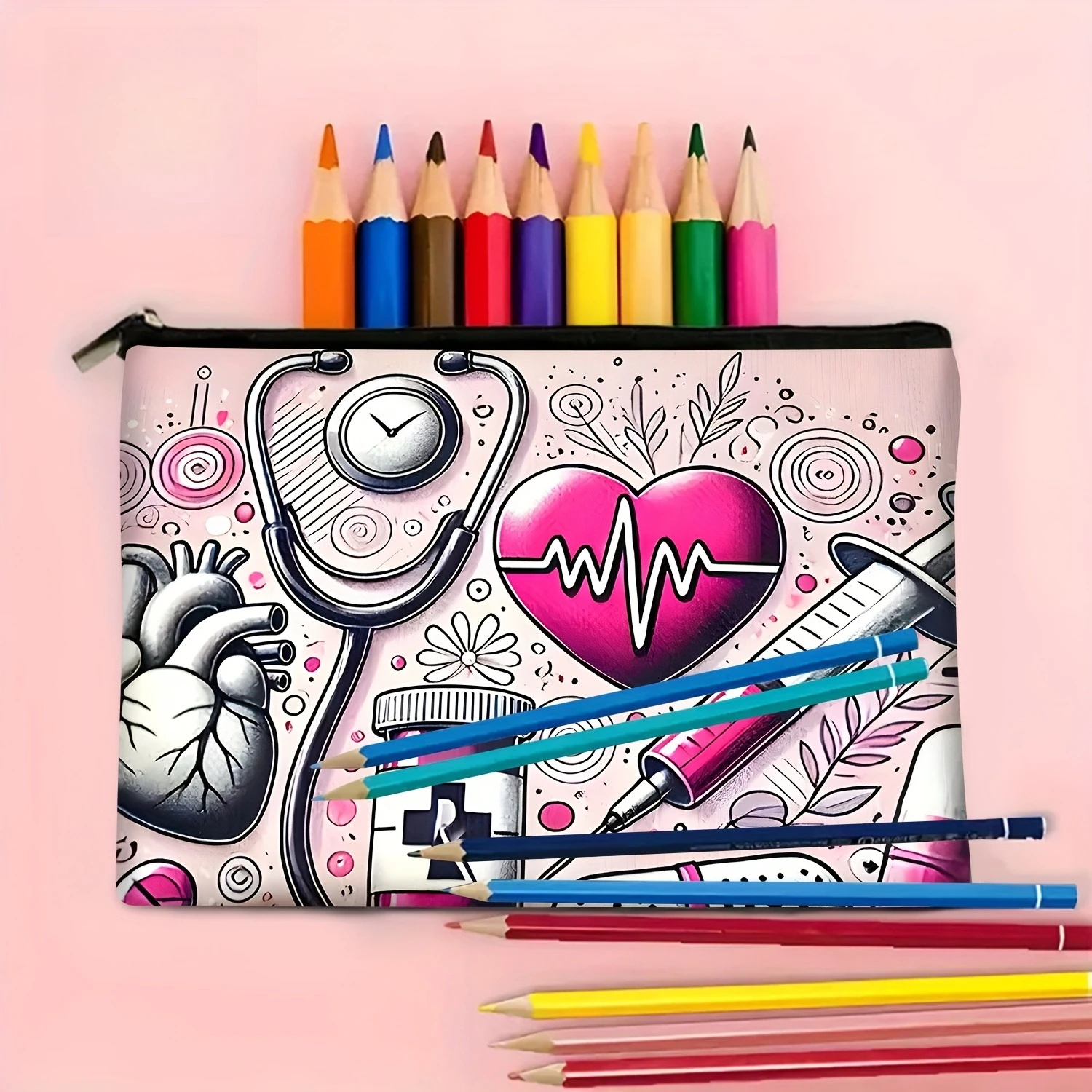 1Pc Stethoscope and Pink Heart-Shaped Medical Retro Design Multifunctional Travel Makeup Bag, Snack Storage Bag, Stationery Storage Bag, Fashionable Toiletry Bag, Canvas Double-Sided Printing