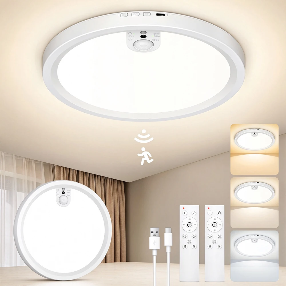 Verpakking met 2 oplaadbare LED-plafondlampen met bewegingssensor, 18 cm ultradun, 1,7 cm dik, dimbaar met 3 kleurtemperaturen, draadloos bedienbaar met afstandsbediening, magnetische bevestiging voor