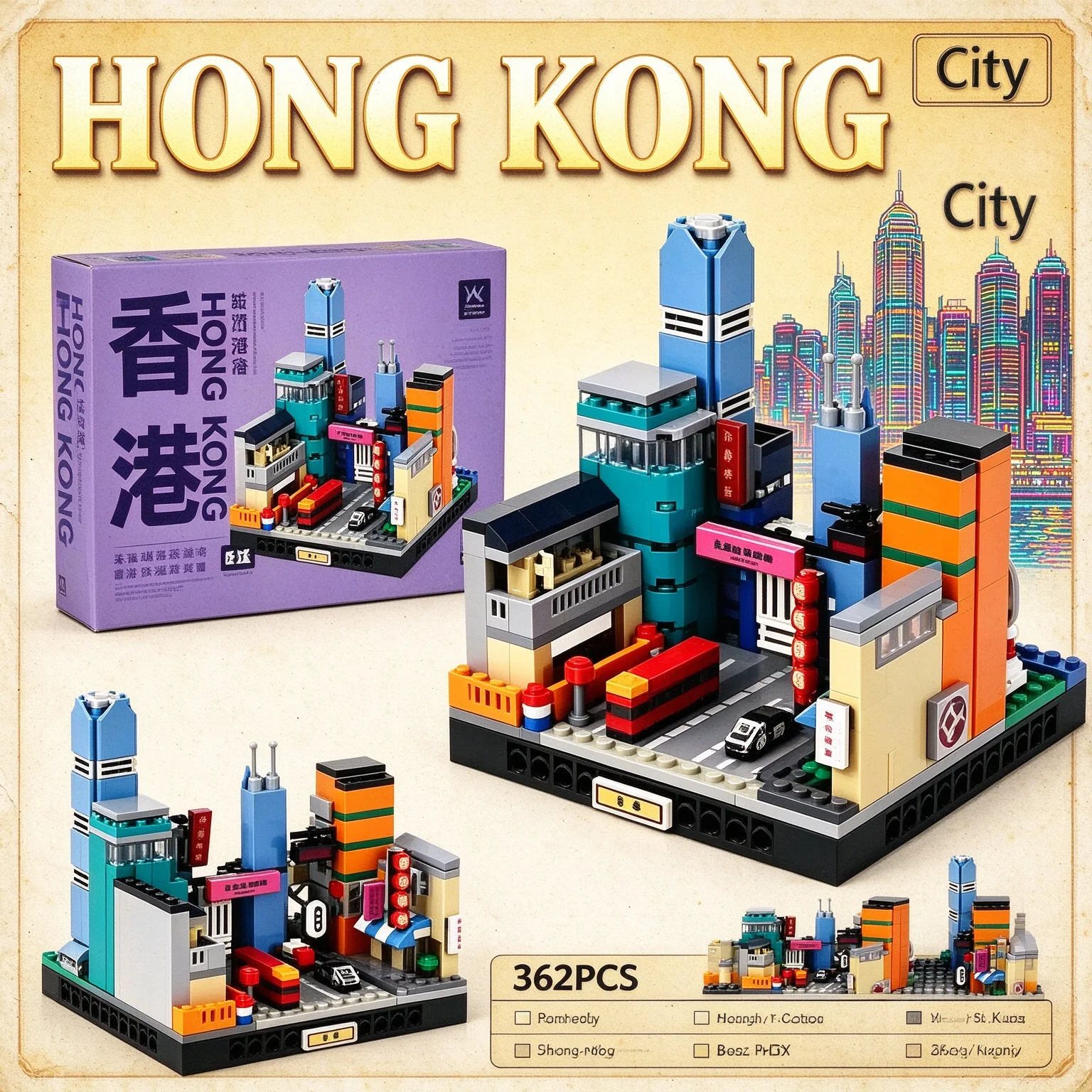 362PCS Hong Kong City Street View Architecture Building Blocks Set Creative DIY Puzzle Toy for Children Birthday Gift