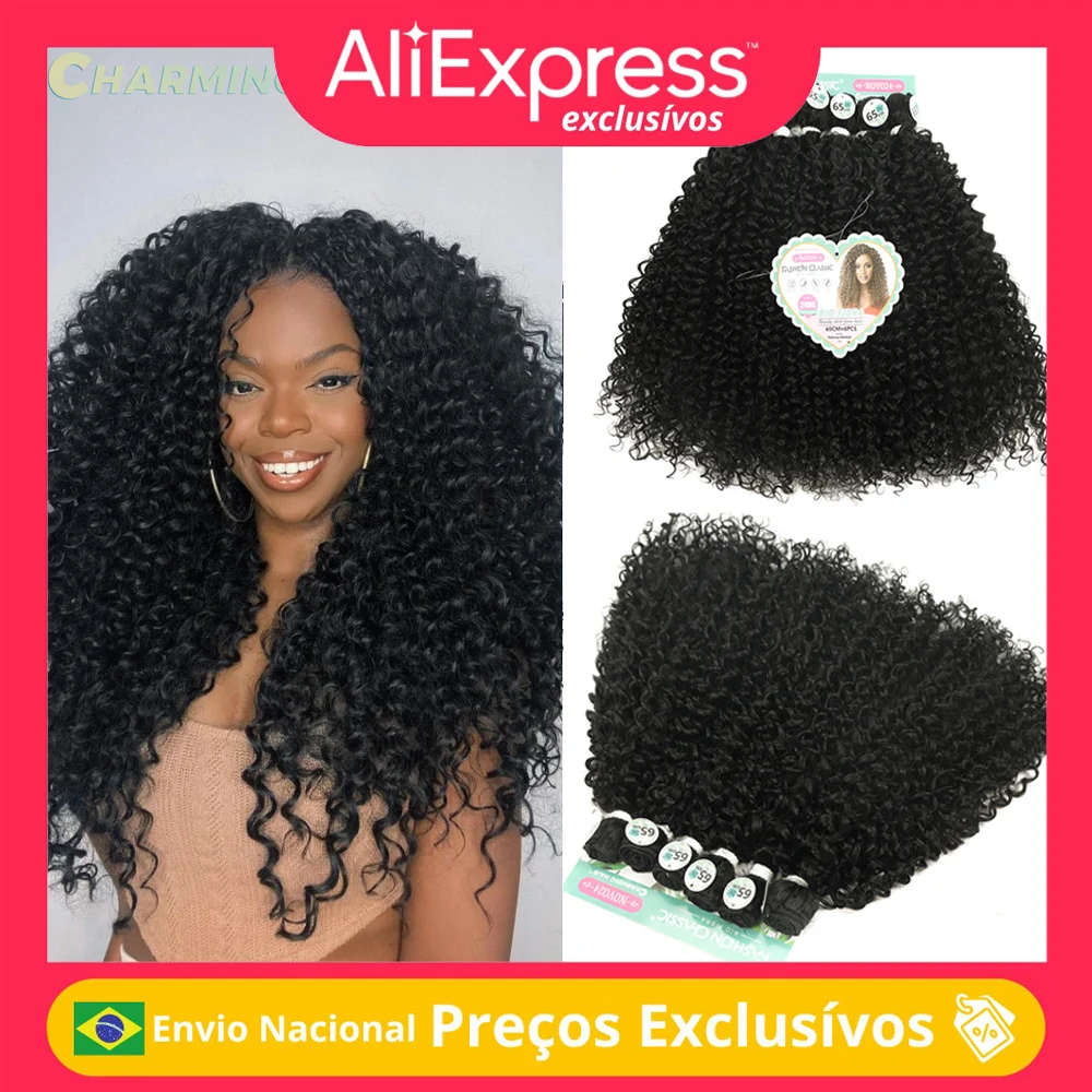 Cabelo Orgânico Cacheado Onda Profunda para Entrelace Feminino, Extensões de Fibra Química Orgânica de Alta Qualidade, 240g, 65cm, 6 Peças