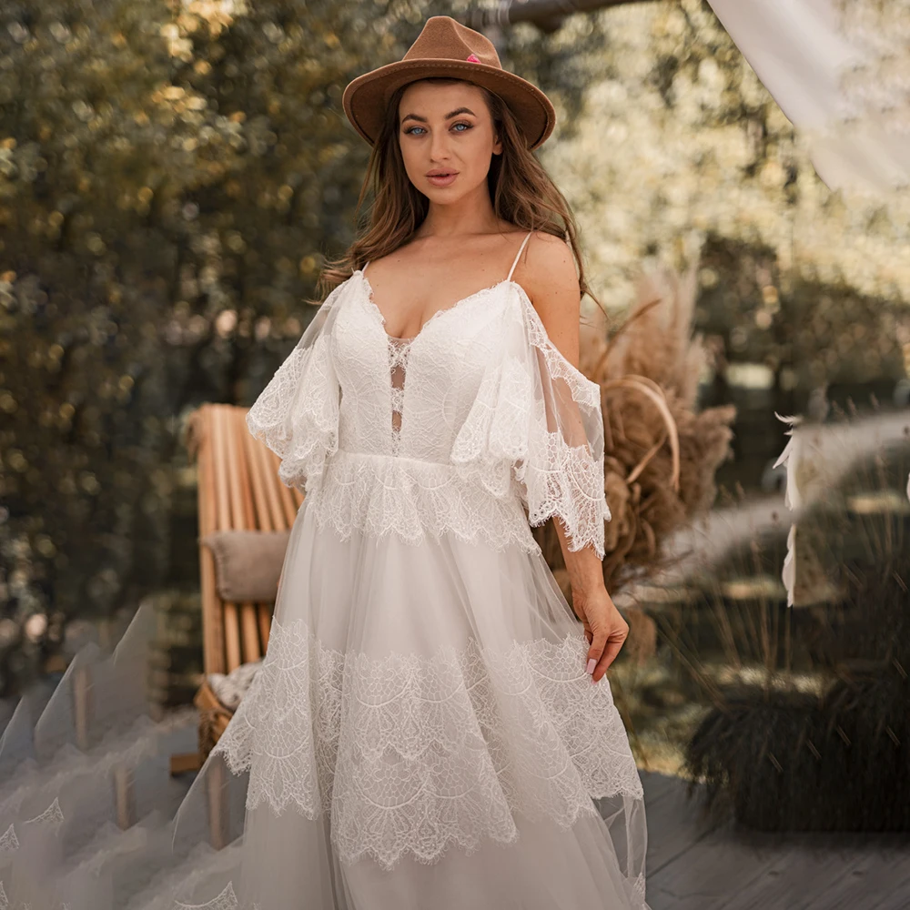 Ngắn Drop Shipping Bùng Tay Áo Tulle Boho Wedding Gown Tầng Tùy Chỉnh Được Thực Ren Ren Lên Mở Lại Maxi Bãi Biển A Line V Cổ Bridal Dress