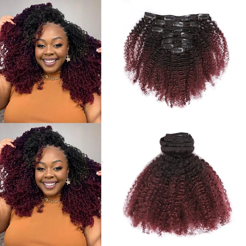 

1B/99J Ombre Afro Kinky Curly Clip In Human Hair Extensions 100% Remy Human Hair Clip In 120g 8Pcs/Set Полная голова для женщин