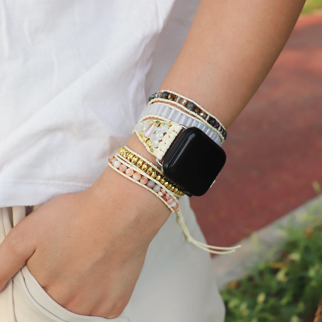 Multi Natural Stone IWatch Band Beads Boho 5 Wrap Wax Rope Watch Strap Vegan Wristband Holiday Gift Wholesale