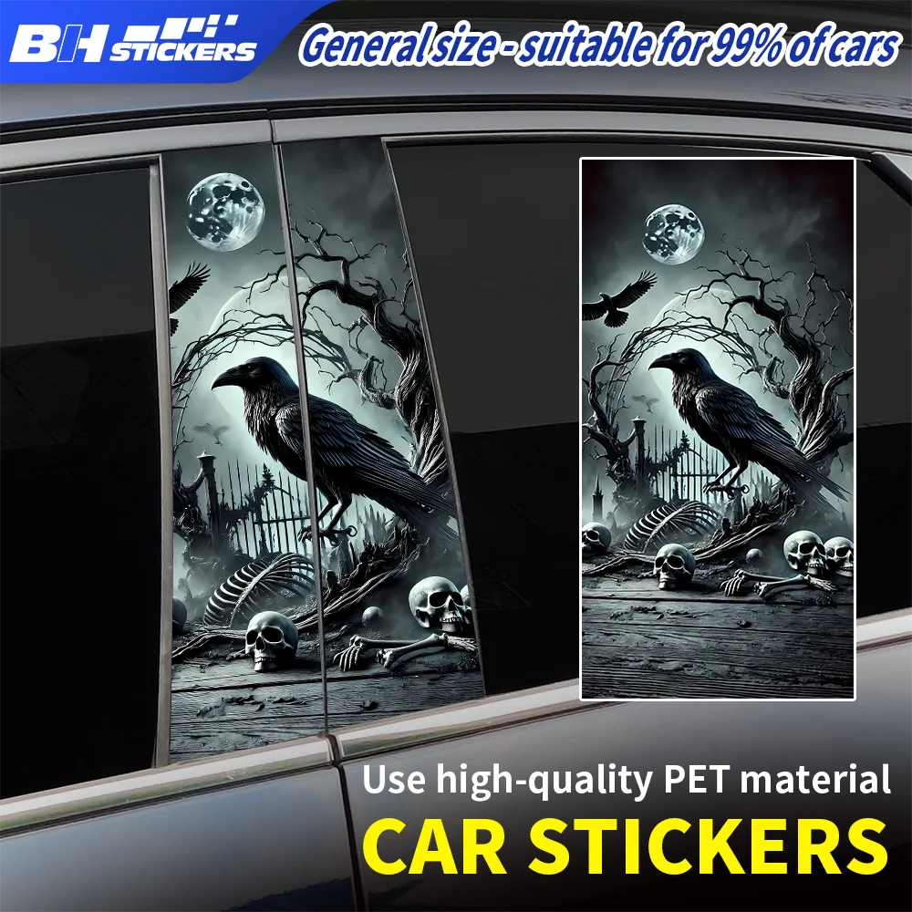 

Spooky Graveyard Raven Auto B-Pillar Sticker Crow Full Moon Car Door Window Middle Post Vinyl Decals Waterproof Wrap Accessories