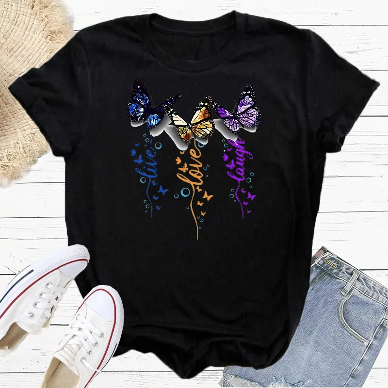 Live Love Laugh Summer T-Shirt Print Butterfly Women's Harajuku Fashion Y2K Short Sleeve Tee Female Casual Tshirt Clothing S-217