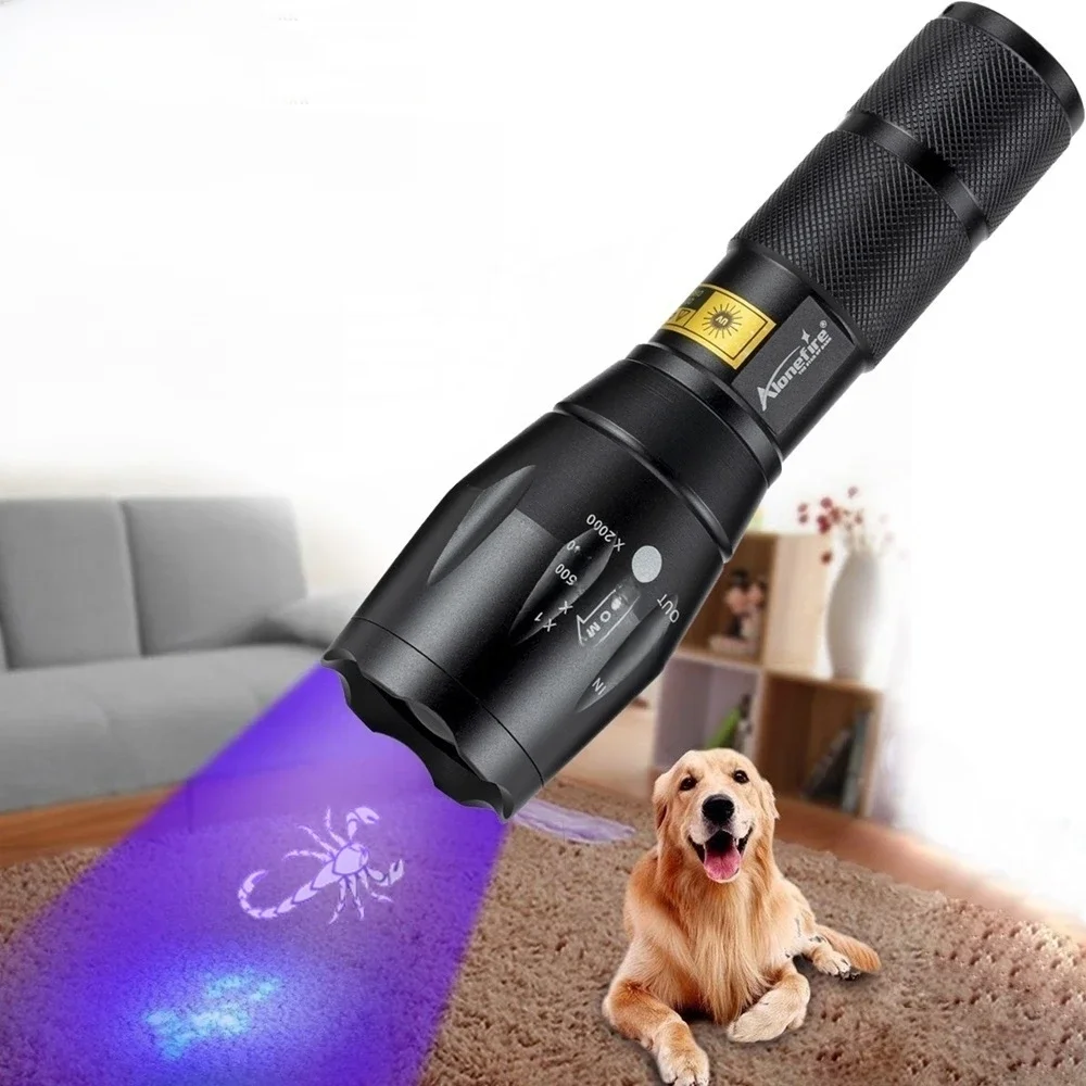 Zoom UV lampe de poche LED 365nm 395nm marqueur d'encre Invisible chat chien Urine Tinea Minier argent Scorpion Fluorescence lumière utilisation AAA 18650