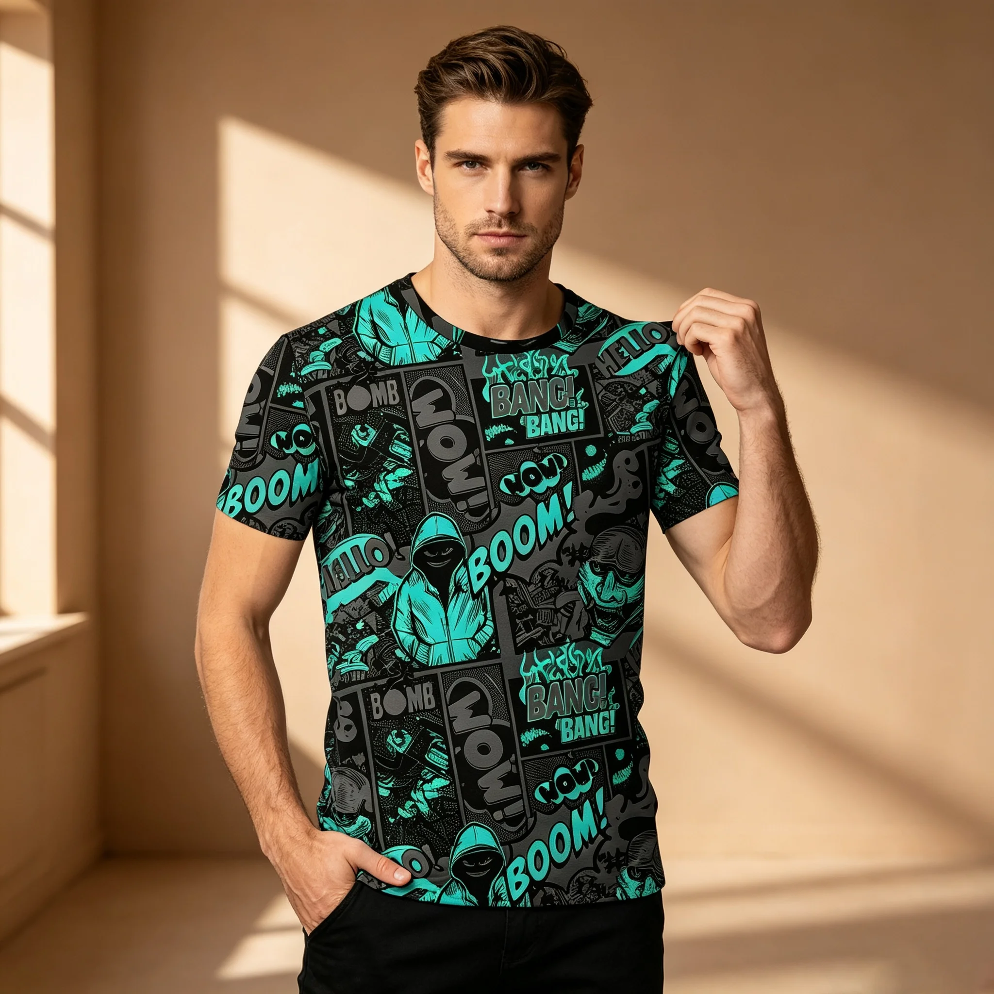 Men Green Black Comic Graffiti  Print T Shirt  Cartoon Pattern O Neck Short Sleeve Streetwear Graphic Tee