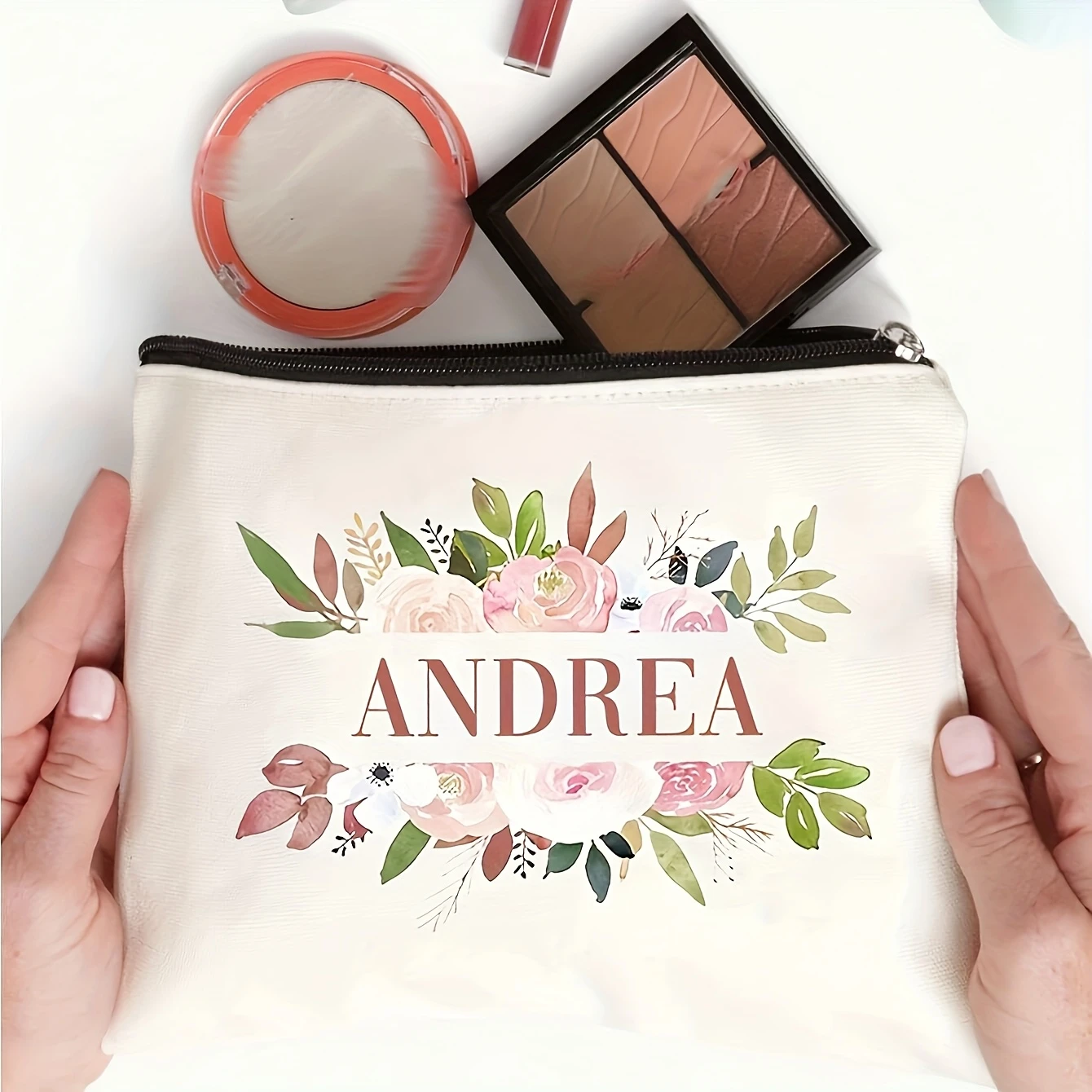 Custom Name Floral Polyester Makeup Bag Light Odorless Zipper Travel Pouch Bachelorette Daily Gift