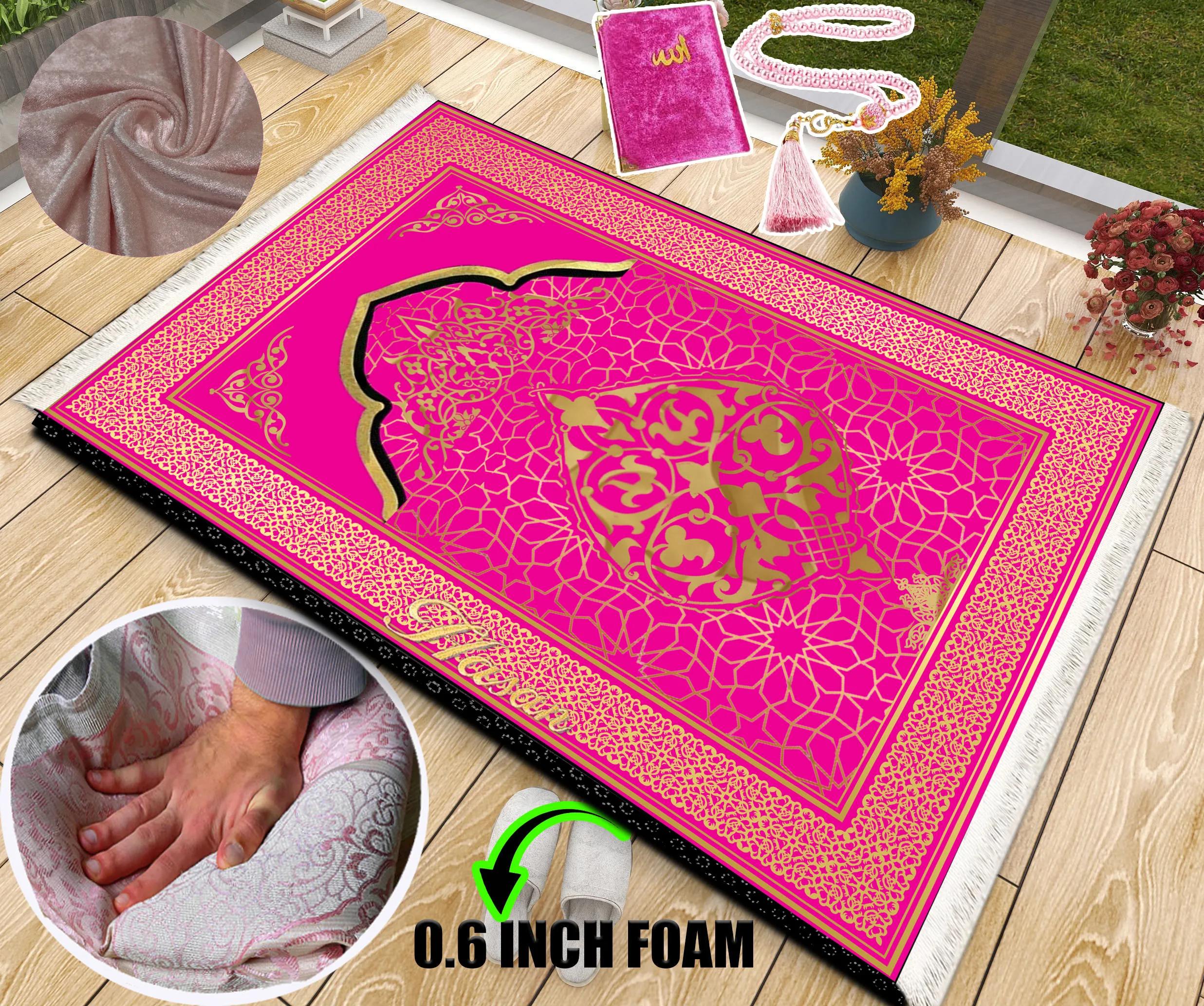 

Extra Thick Foam Padded Turkish Pink Gold Prayer Rug, Luxury Yaseen, Soft Praying Mat Carpet & Pearl Tasbeeh, İslamic Gift Set