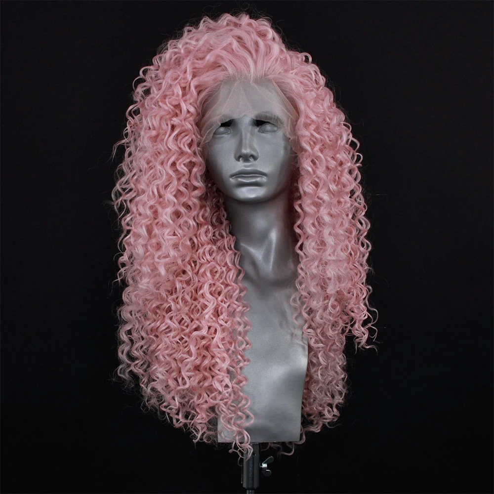 High Quality Synthetic Fibre Pastel Pink Blend Human Hair Wig Heat Resistant Curly Texture Lace Front Wig Side Part Thick Curls