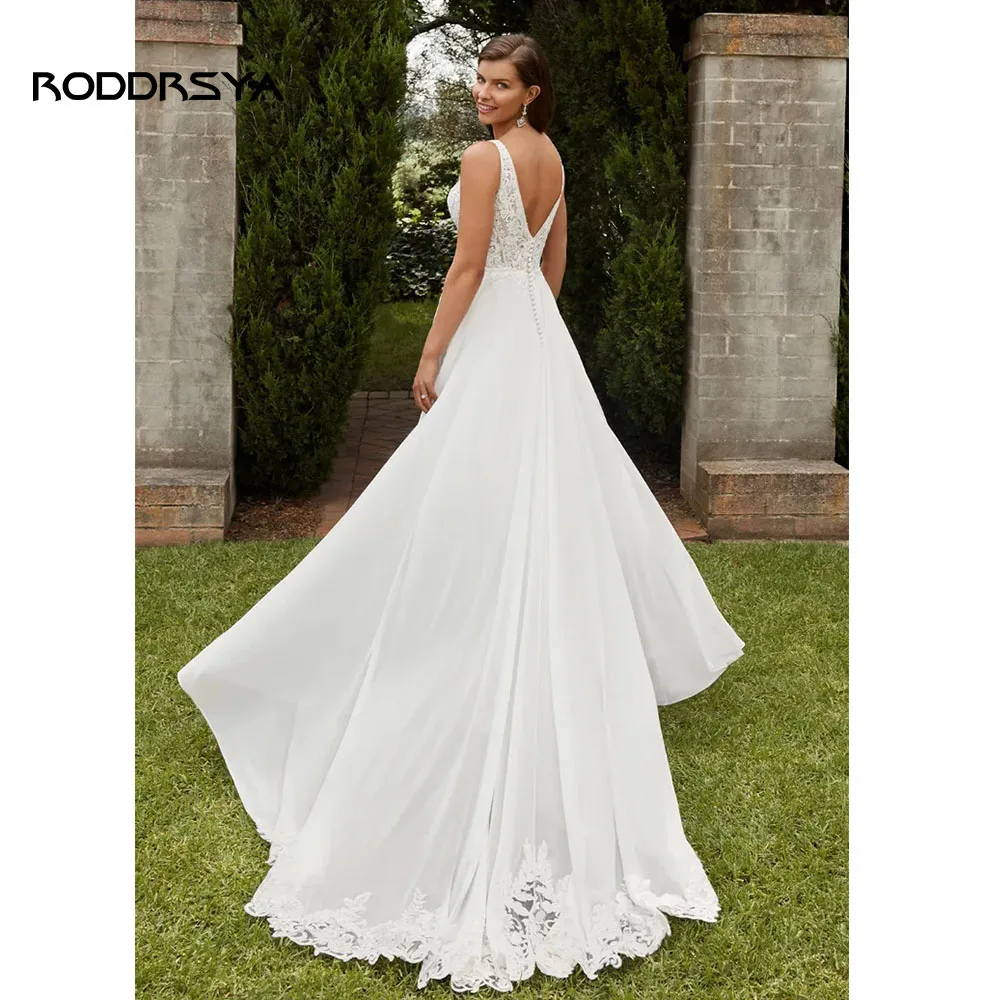 Roddrsya Boho Elegante Trouwjurk Voor Vrouwen 2023 V-hals Backless Applicaties Lace Button Bruidsjurk Vestidos De Novia Chiffon