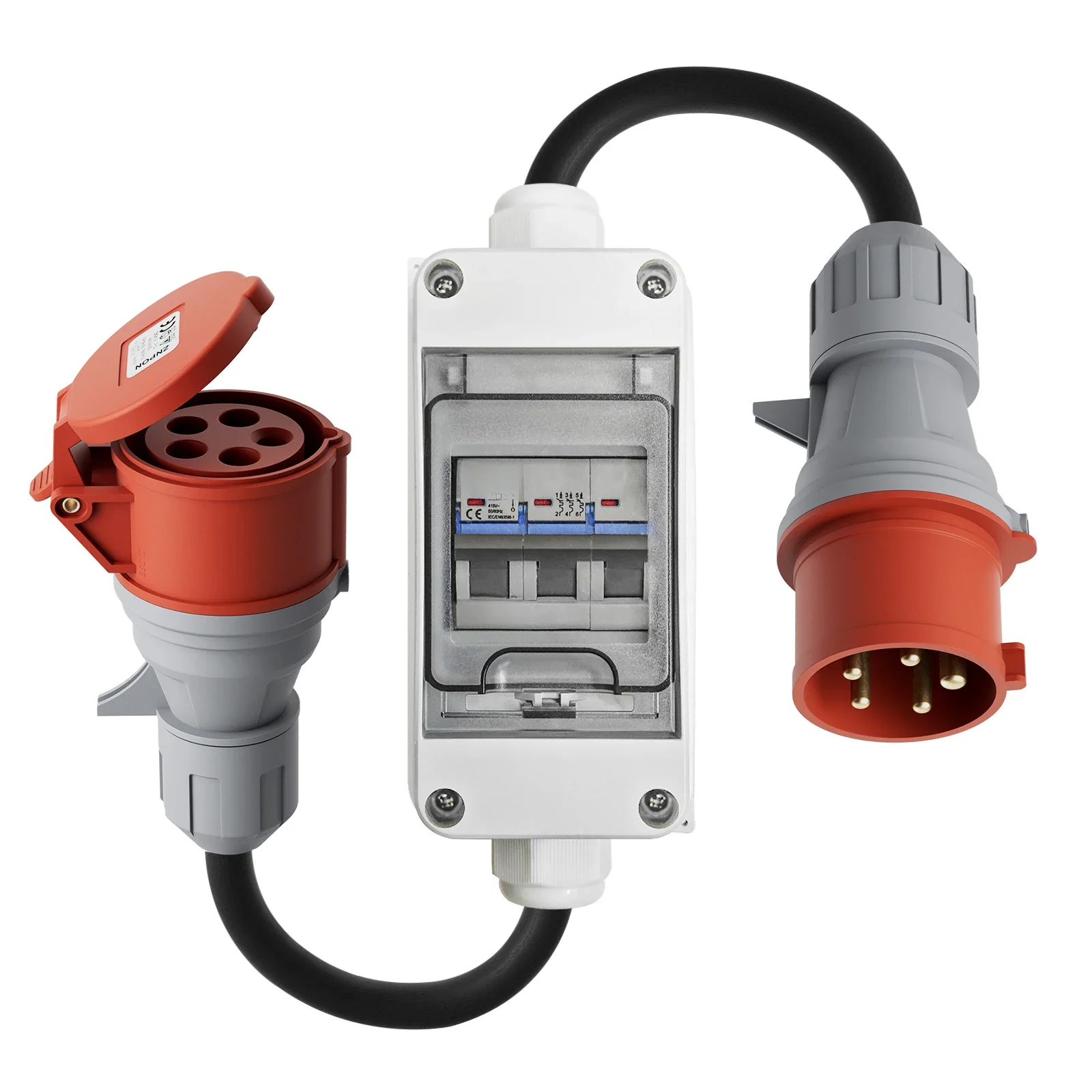 dé CEE Adapter 32A Male to 16A Female with Circuit breaker 3 Phase 400V 5-pole High Current Adapter with IP44 Protection Class