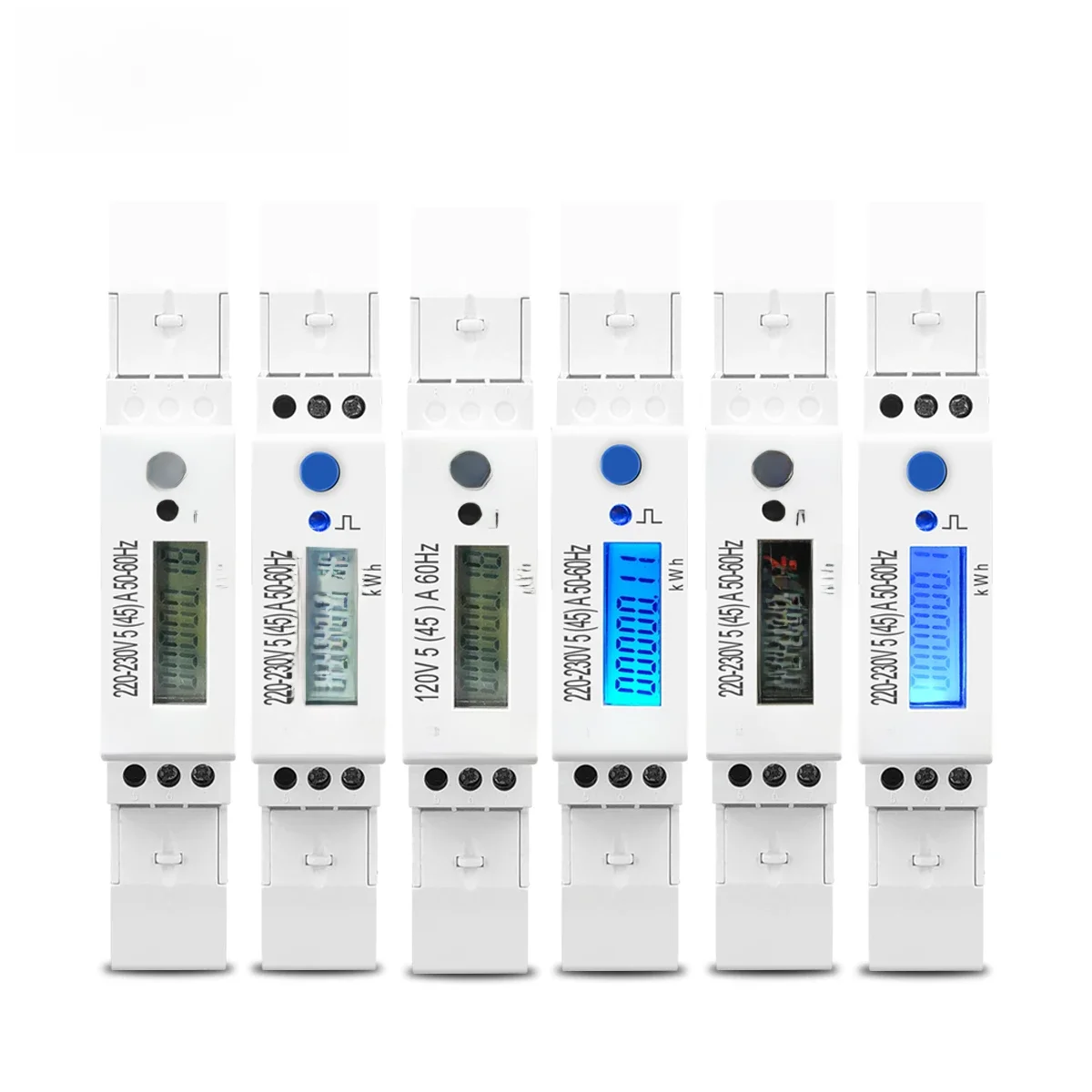 TOMZN 5(45)A 45A 220V 230V 50HZ 60HZ Wyświetlacz LCD Jednofazowy miernik energii na szynę Din KWH Wat hour din-rail blue backlight — zdjęcie 2