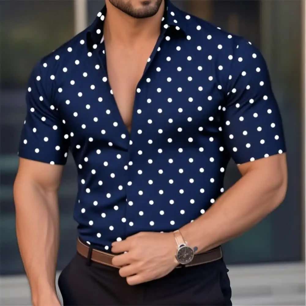 メンズシャツ ボタンダウンシャツ カジュアルシャツ サマーシャツ ビーチシャツ 黒、白、赤、白、緑 半袖 水玉ラップ