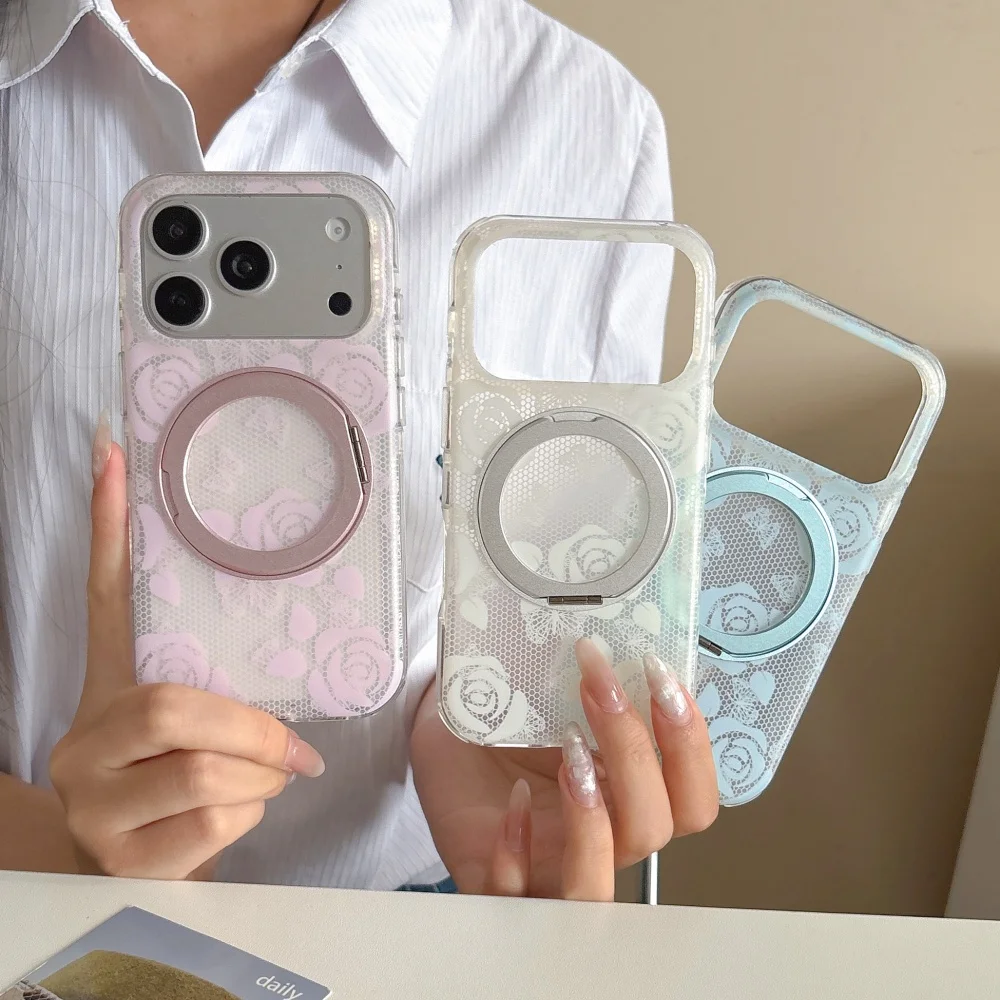 Korea Ins Lace Rose Tape Sex Stand Phone Case for iPhone 17 Pro 16 Max 15 16 17 Pro Max 15 Pro Luxury Shockproof Protective Case