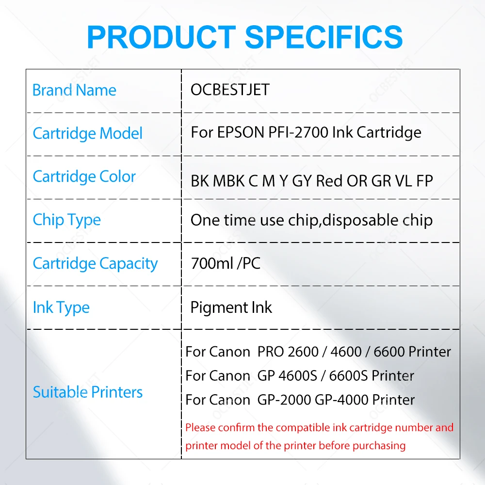 For Canon PFI-2700 2700 700ML Compatible Ink Cartridge With Pigment Ink For Canon PRO 4600 2600 6600 GP 4600S 6600S Printer