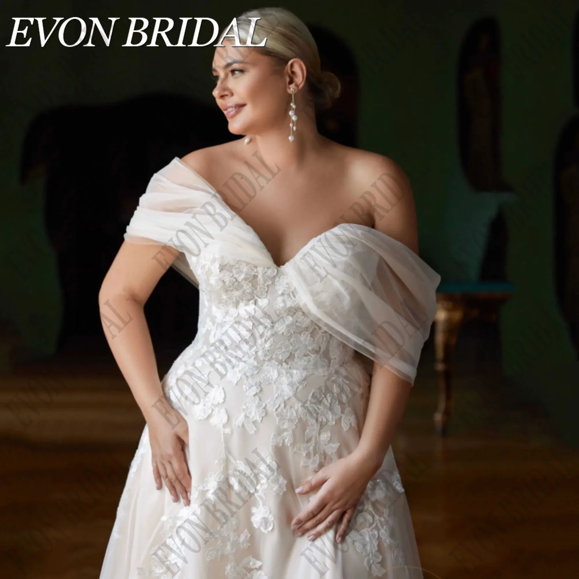 EVON BRIDAL Plus Size Wedding Dress V-Neck Off Shoulder Lace Applique Bride Gowns A-Line Backless Custom Made Vestidos De Novia