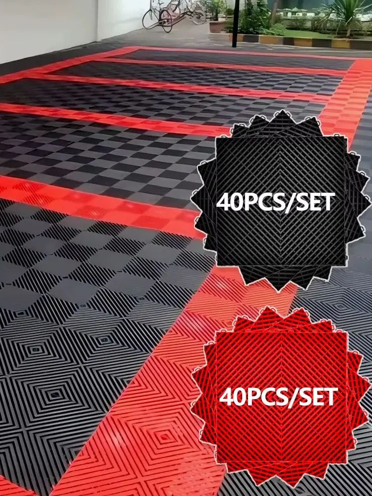40 Stück Garagenbodenplatten 40*40*1,8cm Schwarz-Rot Ineinandergreifende Garagenbodenfliesen Autowaschraum PVC-Verbindungs-Gitterfliesen
