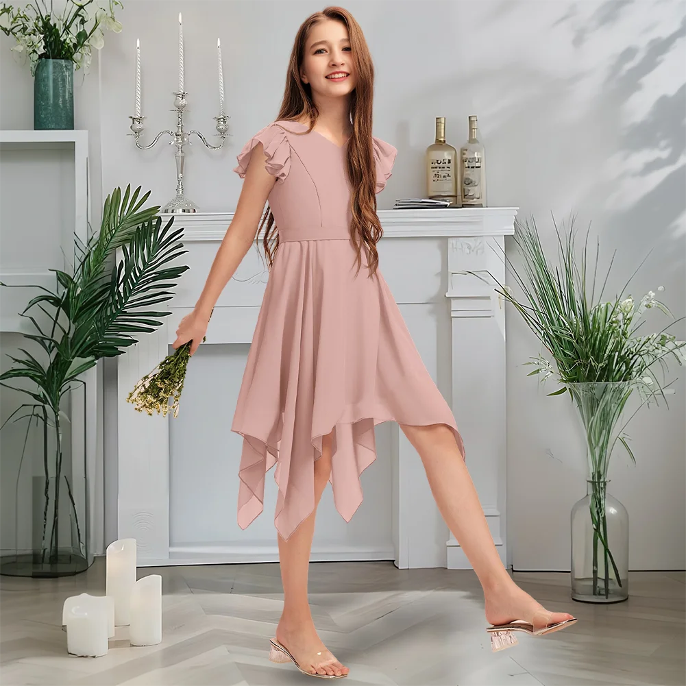 Luxuoso vestido de dama de honra júnior com decote em v crepúsculo azul flor menina vestido comprimento chá chiffon com babados arco em cascata