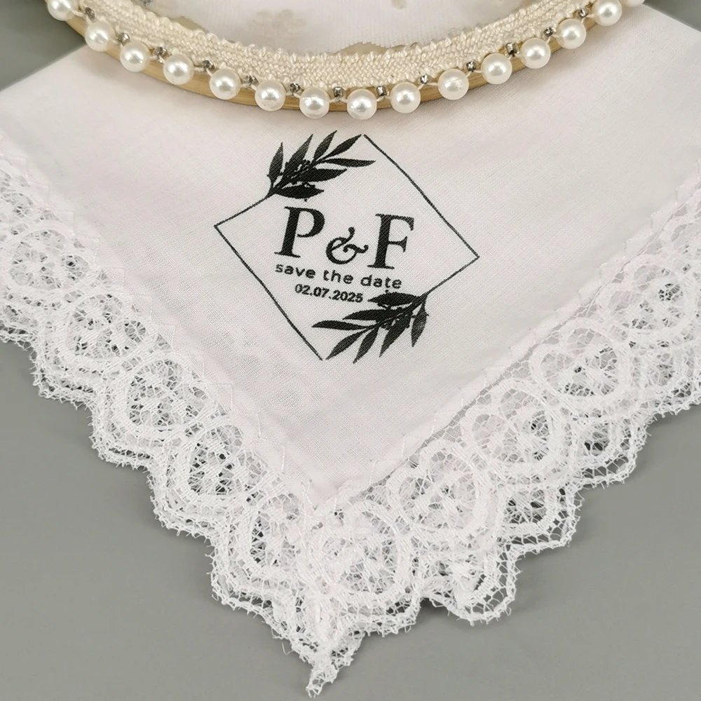 10Pcs 25mm Custom Handkerchief  Personal Name Cotton Lace Napkin Save the Date Wedding Table Decoration Bridal Mother Keepsakes