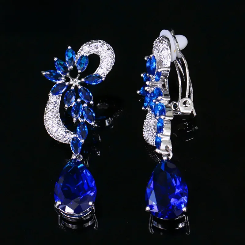 CWWZircons nie przebity Vintage Royal Blue CZ kryształowy kształt kwiatu bez otworu klipsy ślubne bez przekłuwania CZ023 — zdjęcie 2