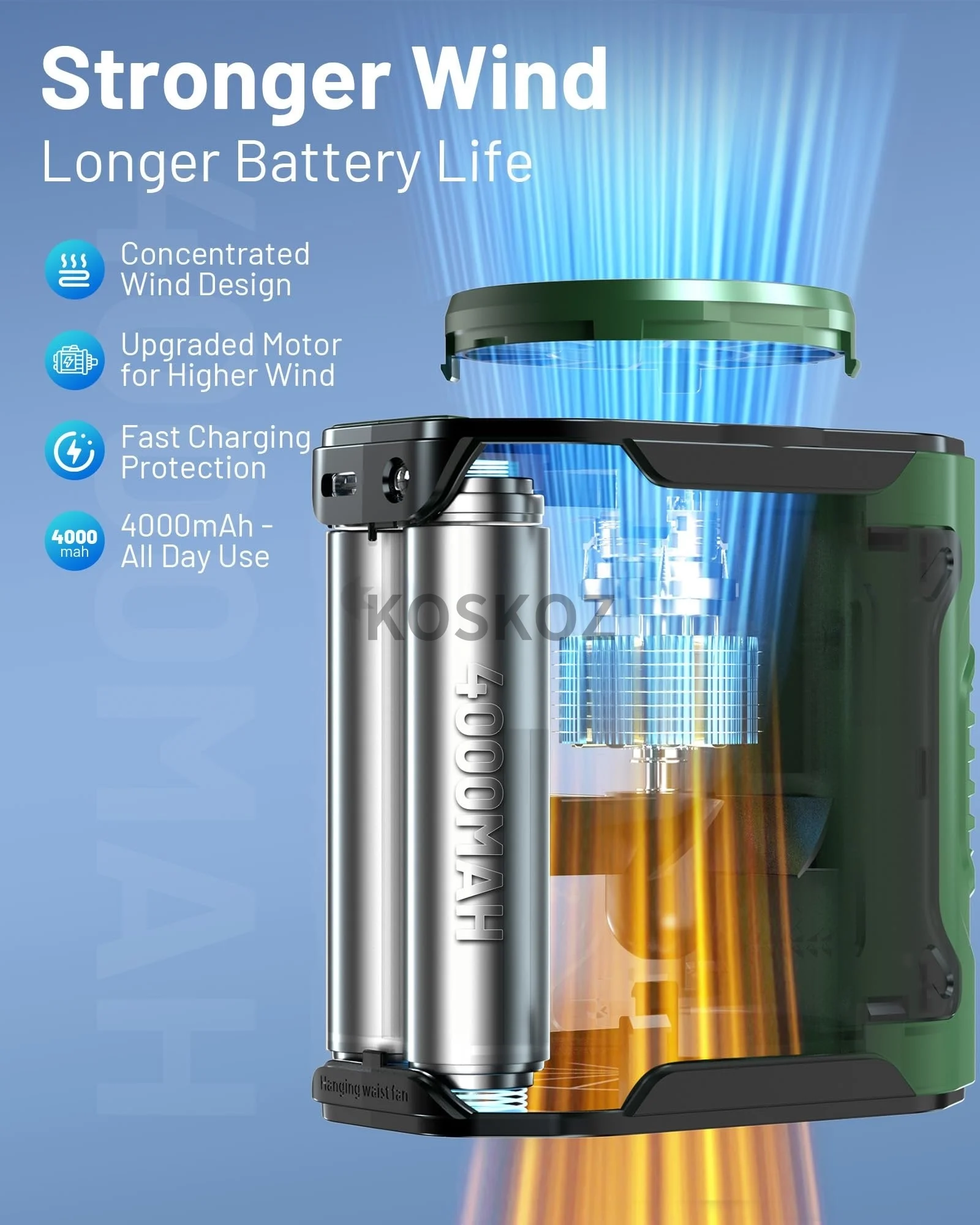 Portable Waist Fan with 10 Speed, Clip on Wearable Personal Fan with Flashlight, Hands-Free Hanging Neck Fans, Outdoor Camping