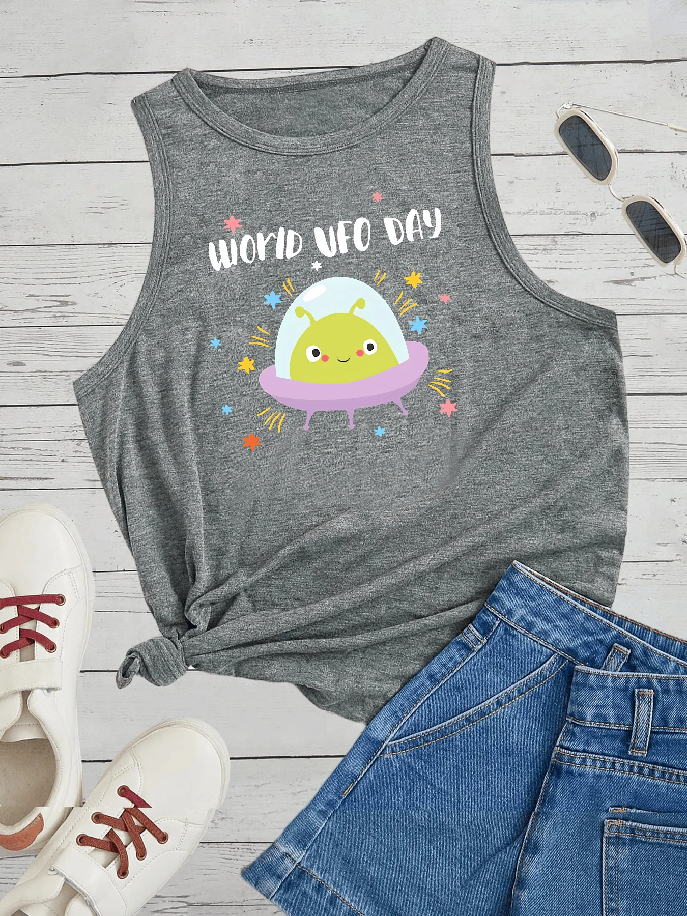 Extraterrestrial Worid Ufo Day  Fashion Women's Safety Tank Top Loose O Neck Sleeveless Casual Tank Top Women's Clothing