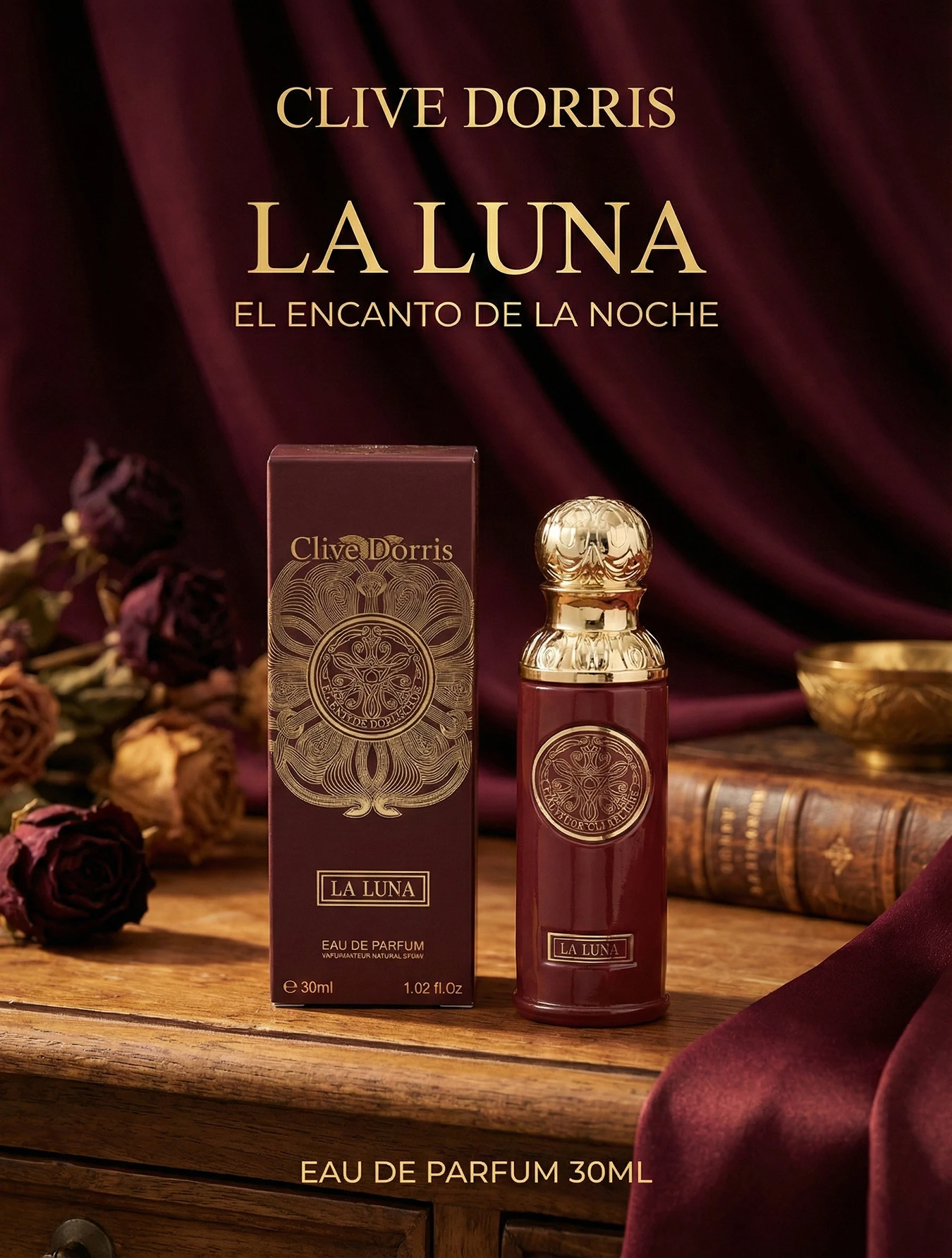 CLIVE DORRIS La Luna Eau de Parfum 30 ml Aroma Oriental Amaderado con Ámbar e Incienso, Fragancia Elegante y Profunda, Diseño Compacto en Tono Burdeos, Ideal para Viajes, Cenas y Estilo Nocturno
