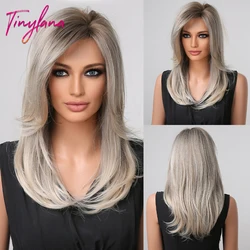 Gray White Blonde Mid-Length Synthetic Hair Wigs Medium Straight Ombre Wig with Long Bangs for Women Natural Cosplay Layered Wig