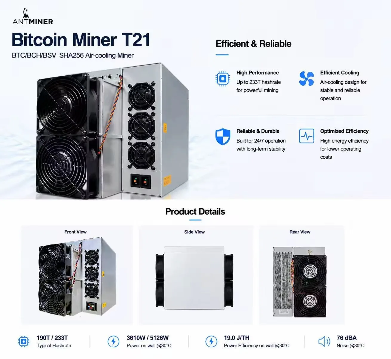 Latest Batch Antminer T21 190T 3610W Air-cooling Bitcoin Miner Blockchain Miner Crypto Machine Btc