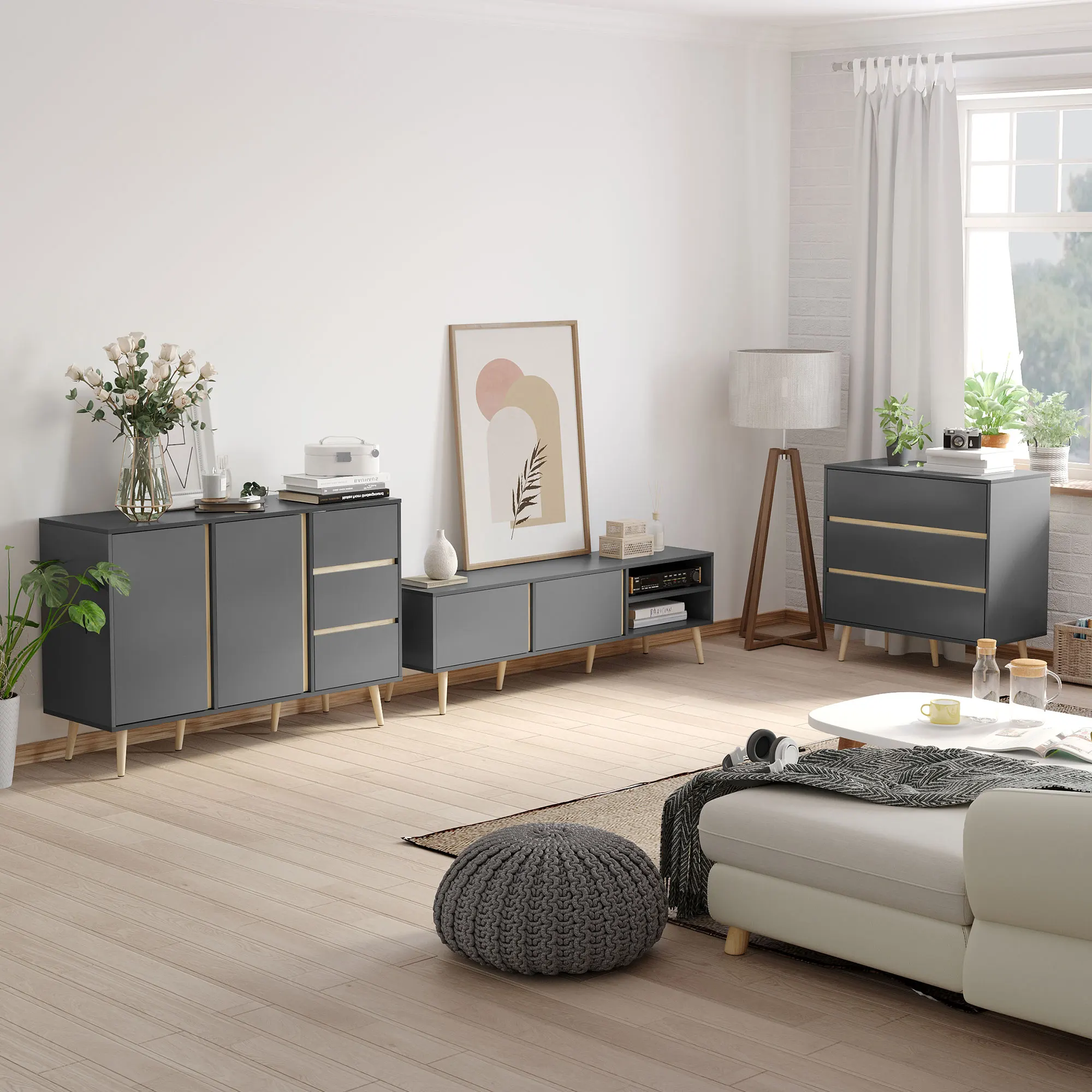 Mueble para TV Estilo Escandinavo, Consola Multimedia para Televisores de hasta 55 Pulgadas, Mueble para TV con 2 Puertas de Almacenamiento, Compartimentos Abiertos y Orificios para Organización de Cables, Patas de Madera, Centro de Entretenimiento para Sala de Estar, Acabado Gris Oscuro