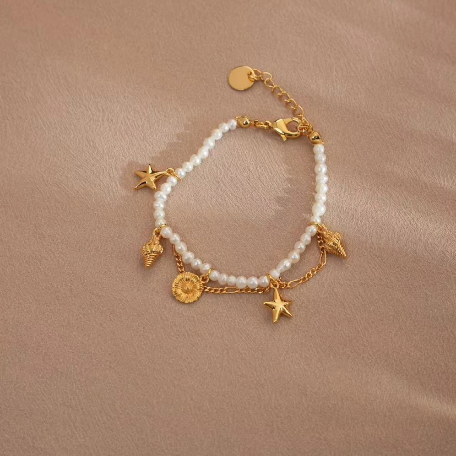 YAJUNIEL Natural Freshwater Pearl Bracelet for Women with Starfish Seashell Charms 24K Real Gold Plated Beach Theme Jewelry Gift