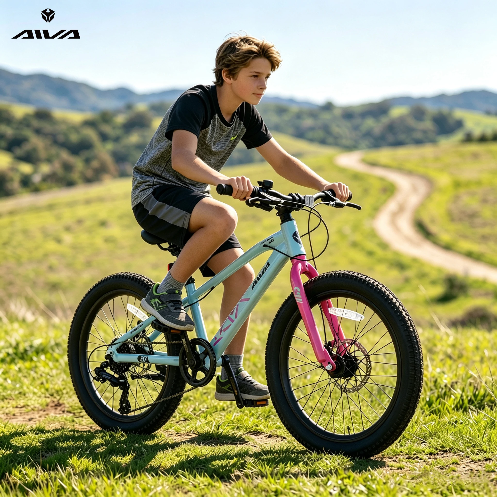 Bicicletta AIVA EXPLOPER20, pneumatici larghi da 20 pollici, 7 velocità, telaio in alluminio leggero, freni a disco anteriori e posteriori.