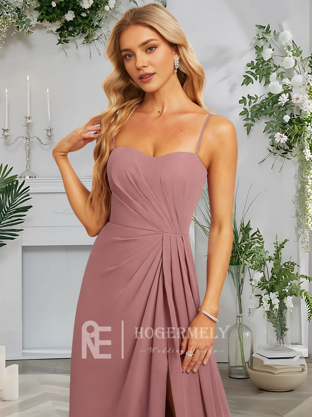 

E Women Desert Rose A-Line Square Sweetheart Floor-Length Chiffon Bridesmaid Dresses With Spaghetti Straps Wedding Guest Party