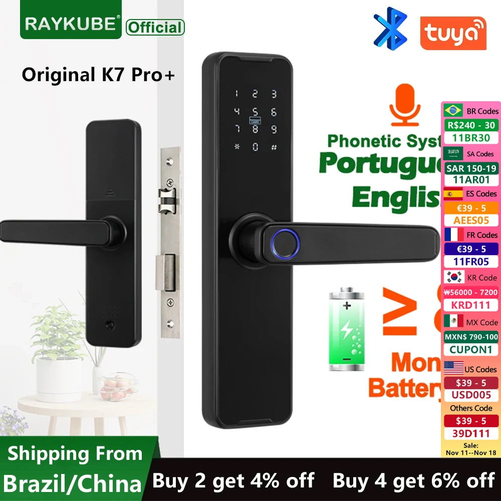 RAYKUBE K7 Pro+ Fingerprint Door Lock Smart Bluetooth Tuya App Remote Unlocking Keyless Electronic Smart Home