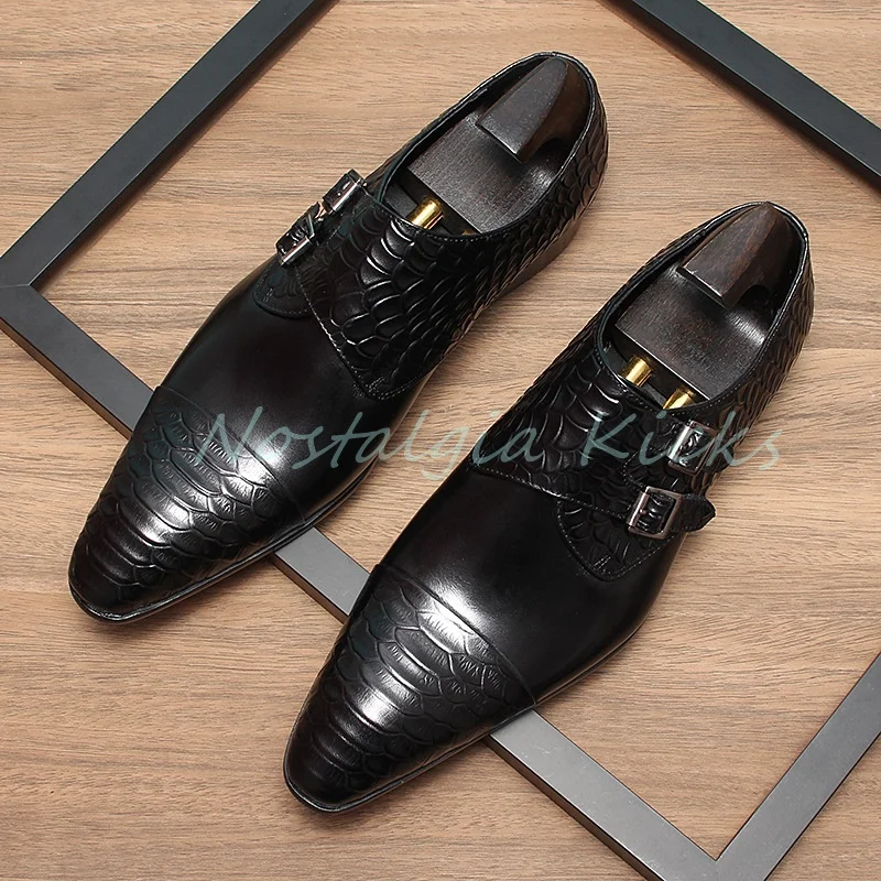 Chaussures de luxe Crocodile en relief à Double boucle pour hommes, chaussures Oxford d'affaires formelles à bout pointu en cuir véritable, rouge vin