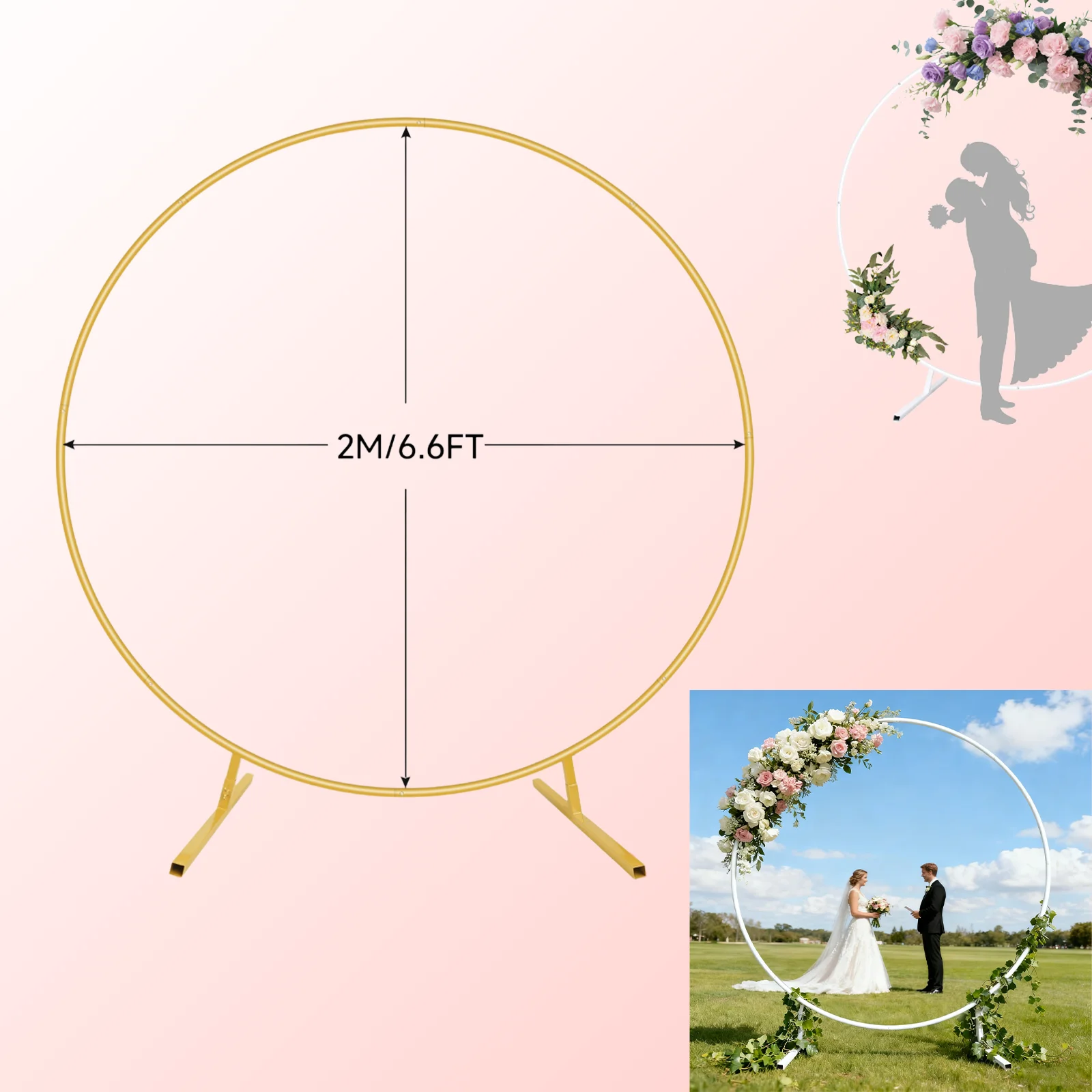 Arche de mariage ronde en métal de 2 m, support circulaire pour arche de ballons avec base, structure de fond robuste pour la décoration de mariages, fêtes et événements