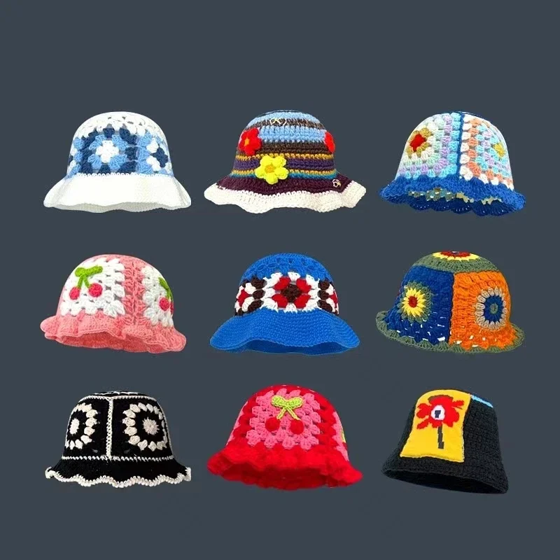 2024 Nowa koreańsko-japońska klamra ręczna Szydełkowy kapelusz typu Bucket Wiosna i jesień Zima Kapelusz przeciwsłoneczny Kobieta Cherry Designer Bob Basin Hat — zdjęcie 2
