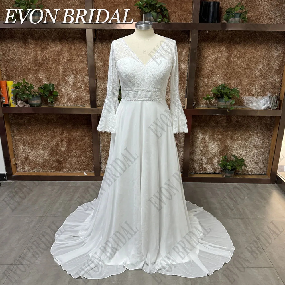 EVON BRIDAL Chiffon Flare Sleeves Wedding Dress Plus Size V-Neck Lace A-Line Vintage Bridal Gowns Custom Made Vestido De Novia